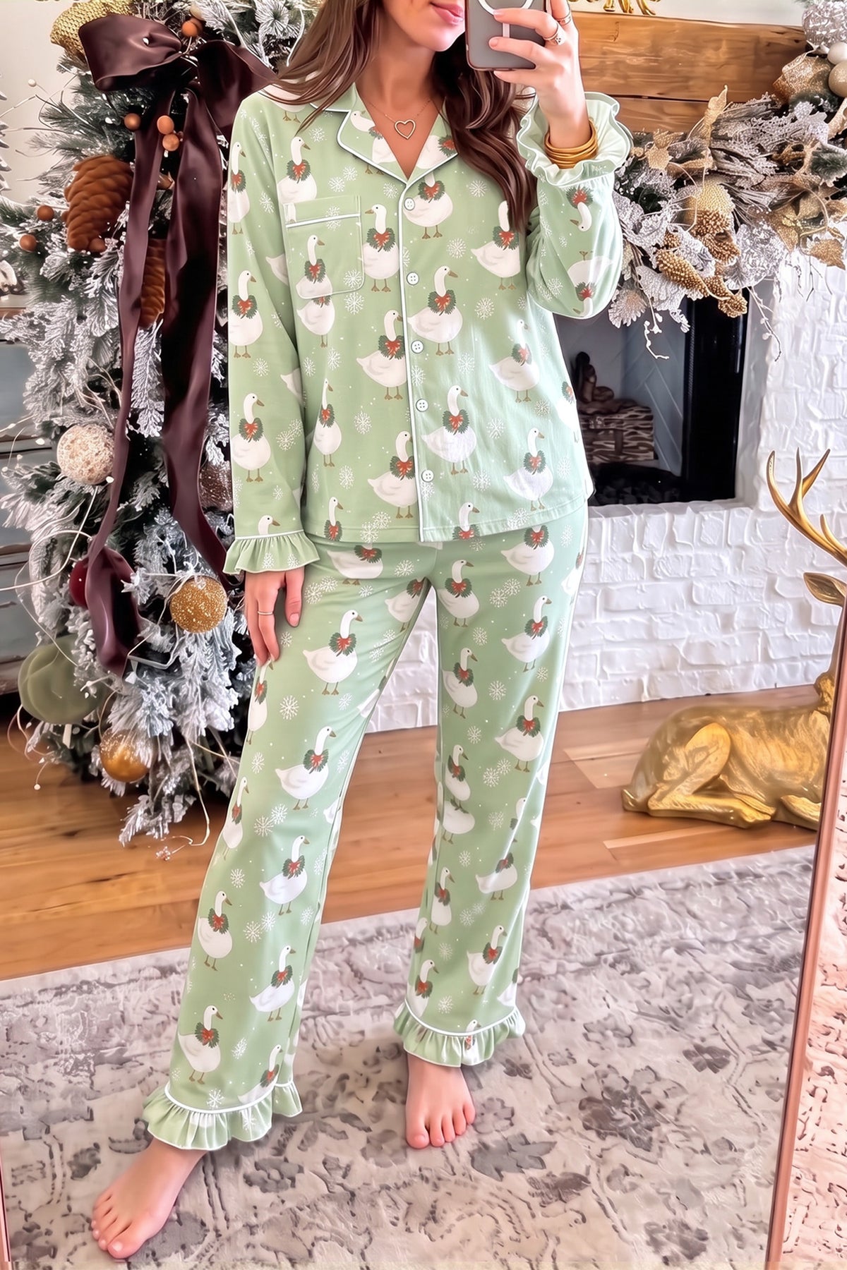 Green Snowflake Goose Print Ruffle Trim Long Sleeve Shirt Style Pajama Pants Set PREORDER ETA 3 WEEKS