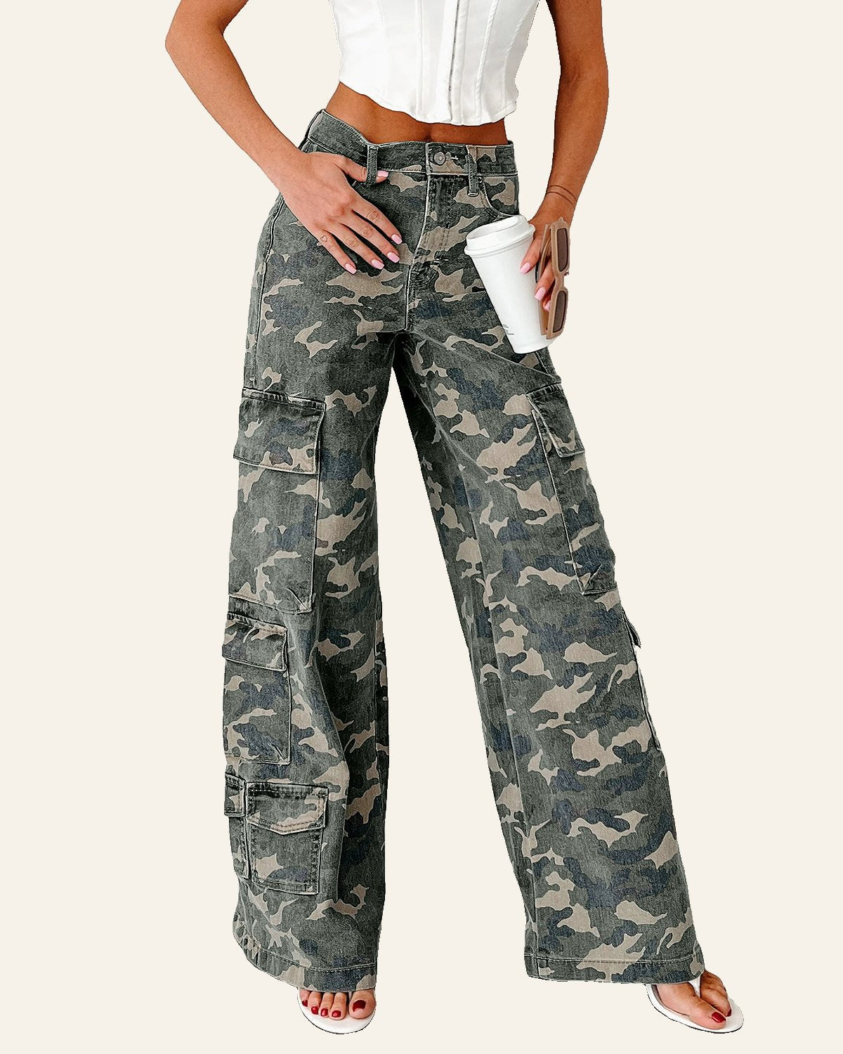 Green Camo Cargo Wide Leg Pants