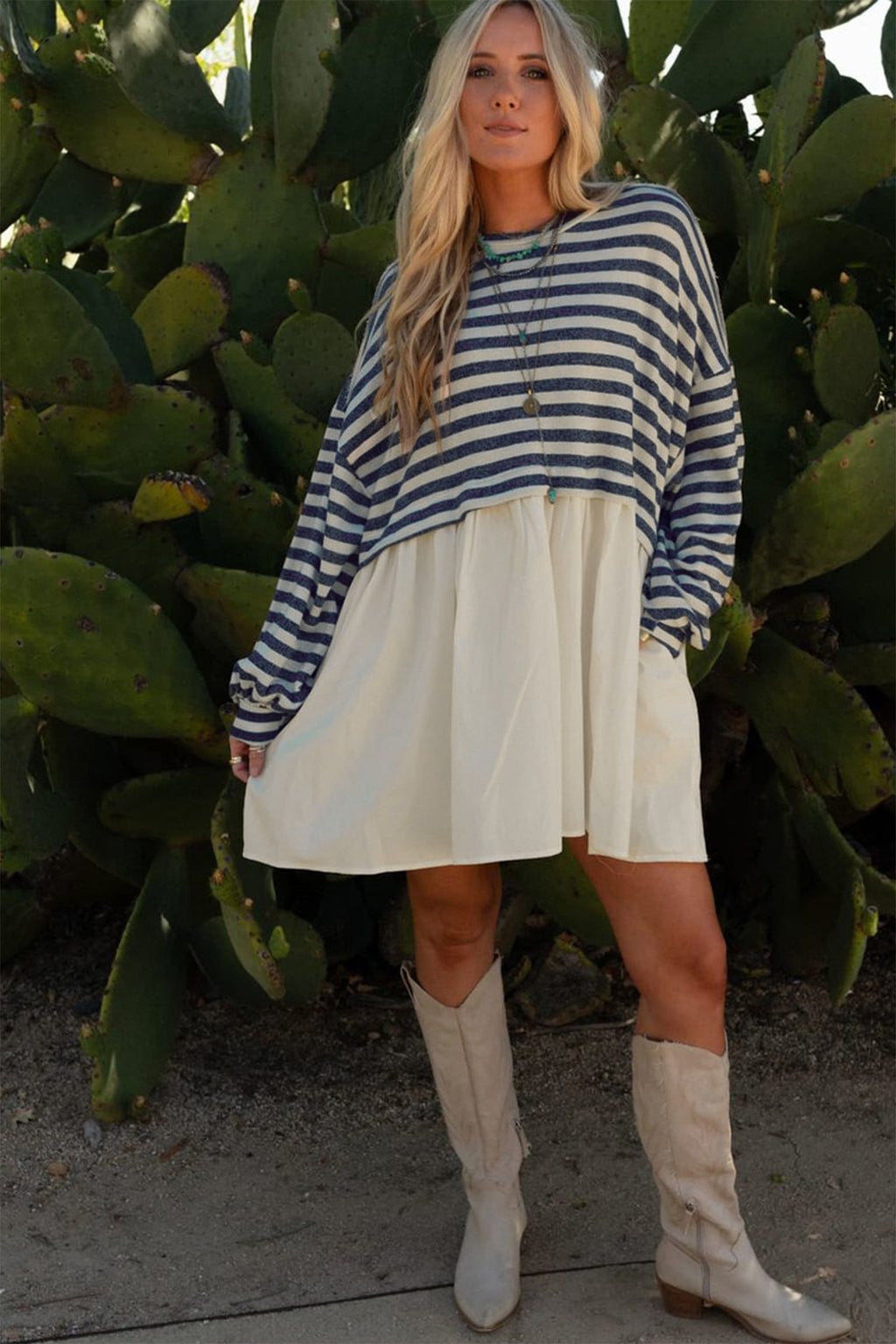 Blue Stripe Long Sleeve Pocketed Patchwork Hem Mini Dress PREORDER ETA 3 WEEKS