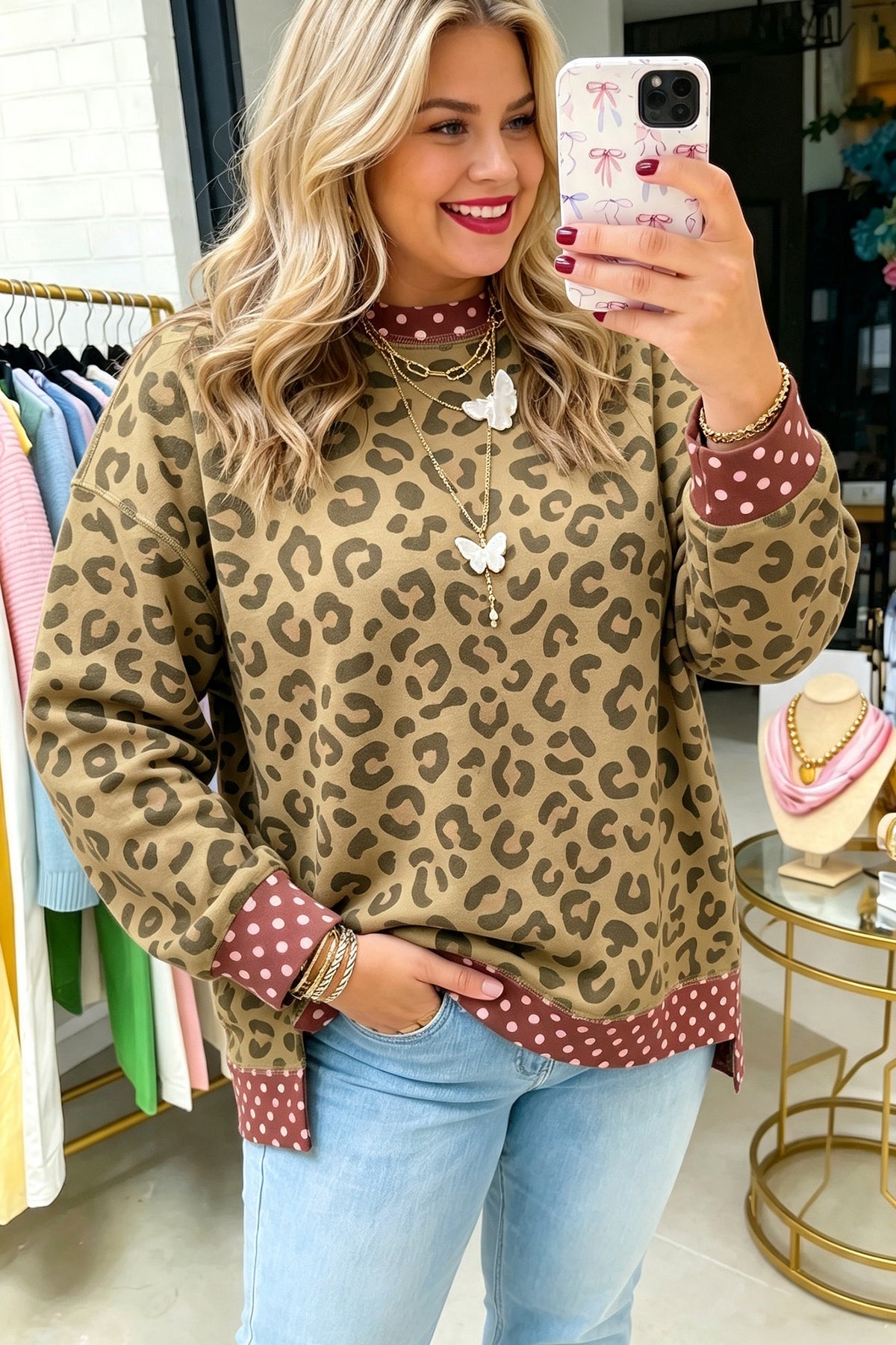 Brown Plus Size Leopard Print Contrast Polka Dot Trim Long Sleeve Top PREORDER ETA 3 WEEKS