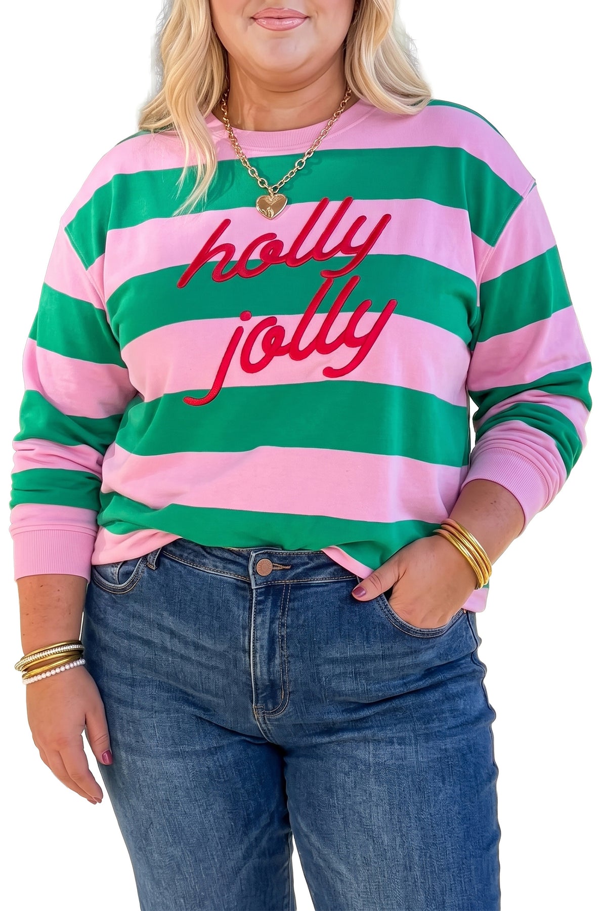 Green Stripe Festive Holly Jolly Printed Casual Plus Size Sweatshirt PREORDER ETA 3 WEEKS