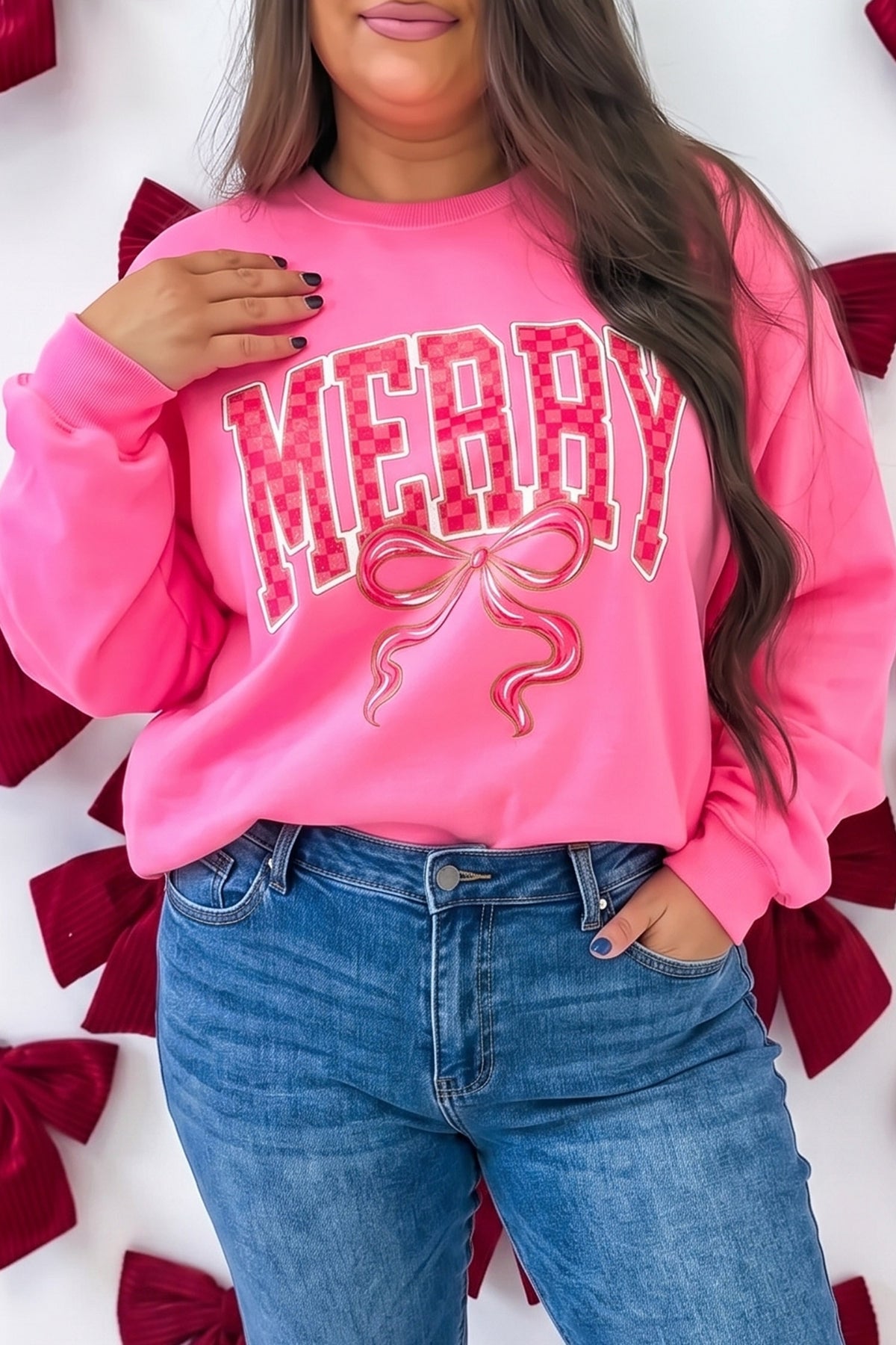 Bonbon Checkered Christmas Slogan Printed Plus Size Sweatshirt PREORDER ETA 3 WEEKS