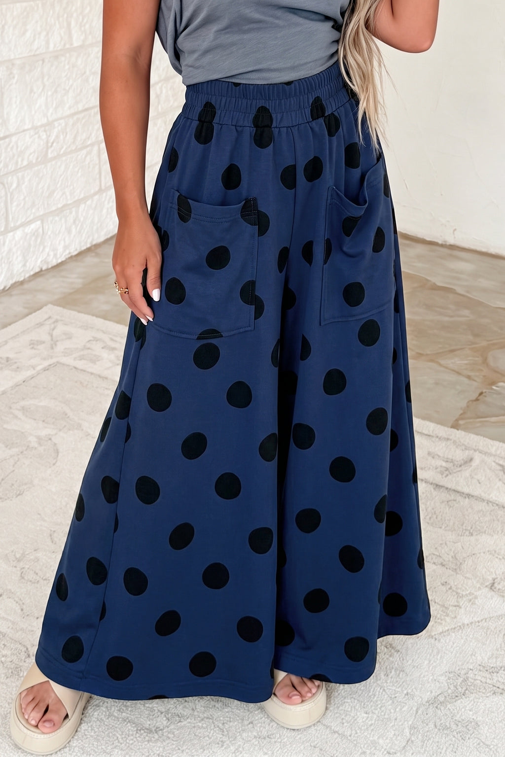 Sail Blue Polka Dot Wide Leg Elastic Waist Casual Pants PREORDER ETA 3 WEEKS
