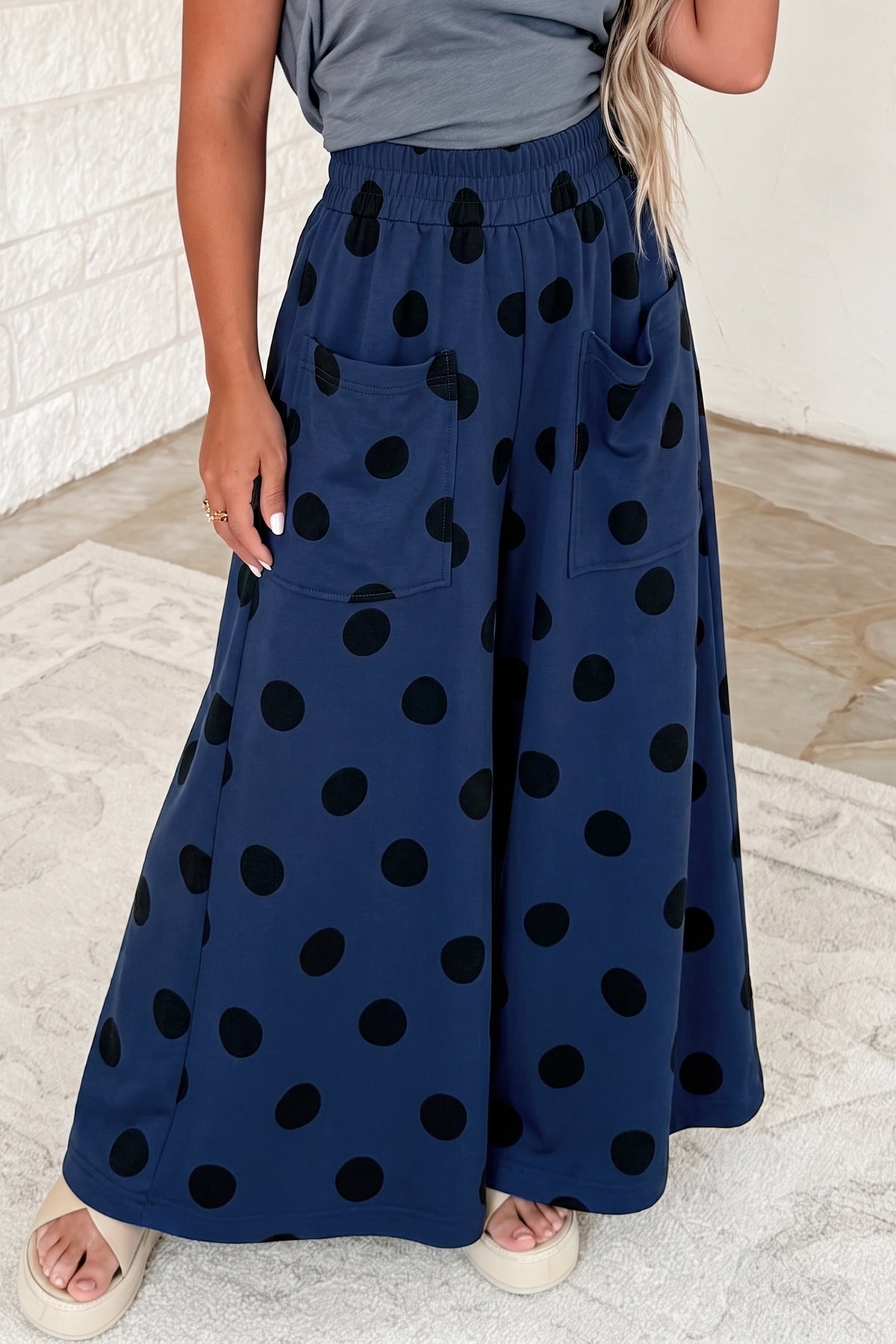 Sail Blue Polka Dot Wide Leg Elastic Waist Casual Pants PREORDER ETA 3 WEEKS