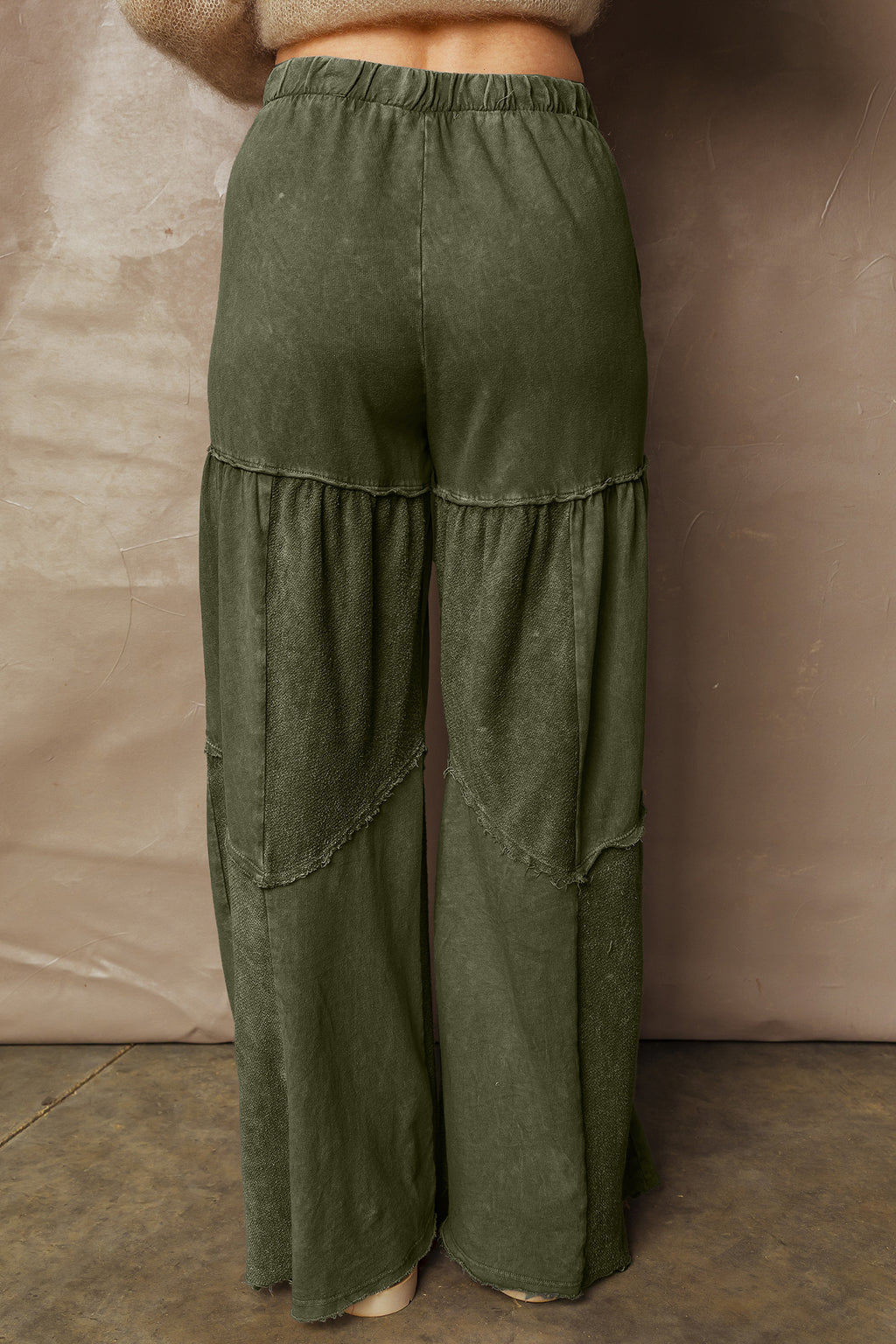 Vineyard Green Mineral Wash Tiered Wide Leg Patchwork Drawstring Pants PREORDER ETA 3 WEEKS