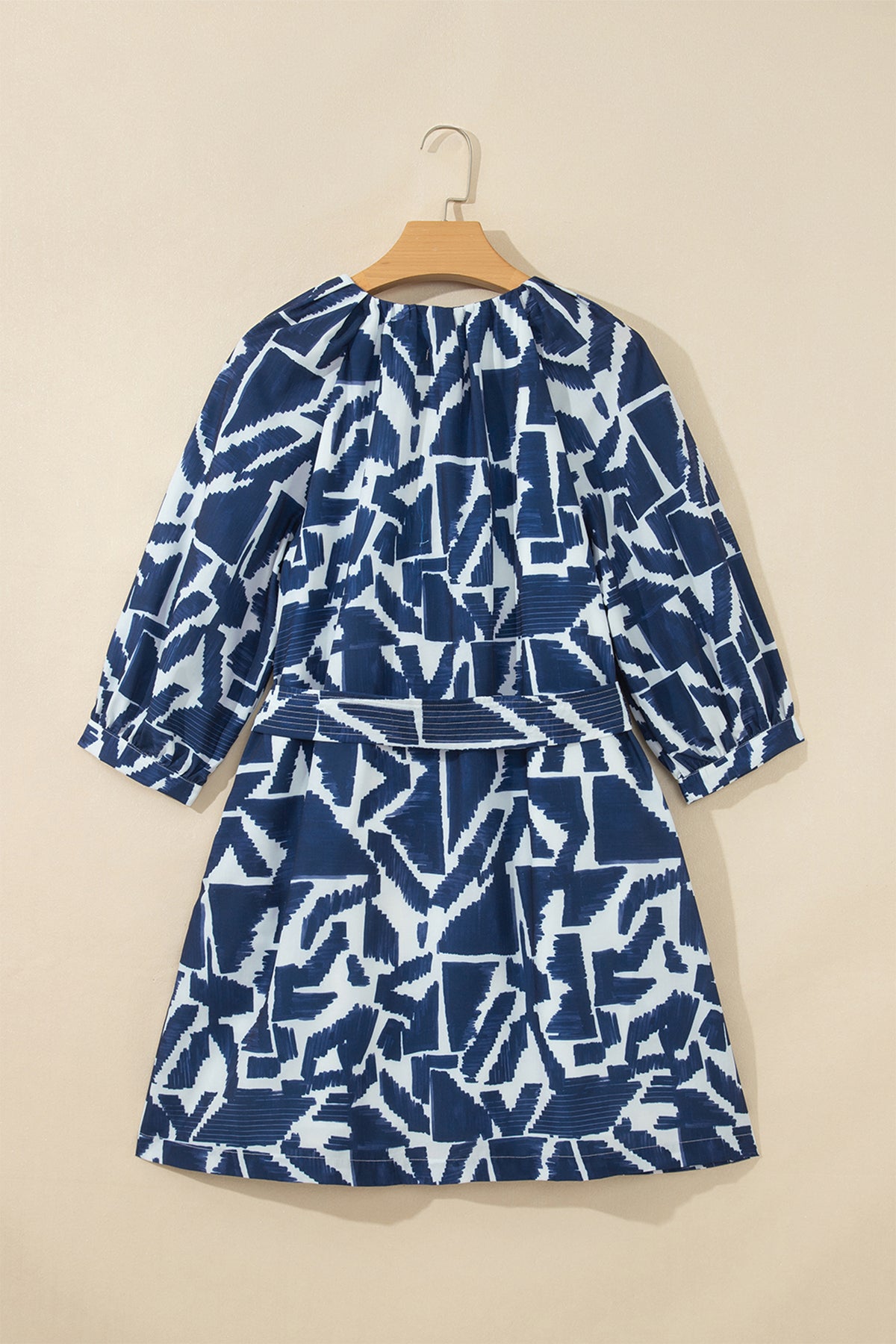 Blue Abstract Geometric Print Zip Front Tie Waist Shift Dress PREORDER ETA 3 WEEKS
