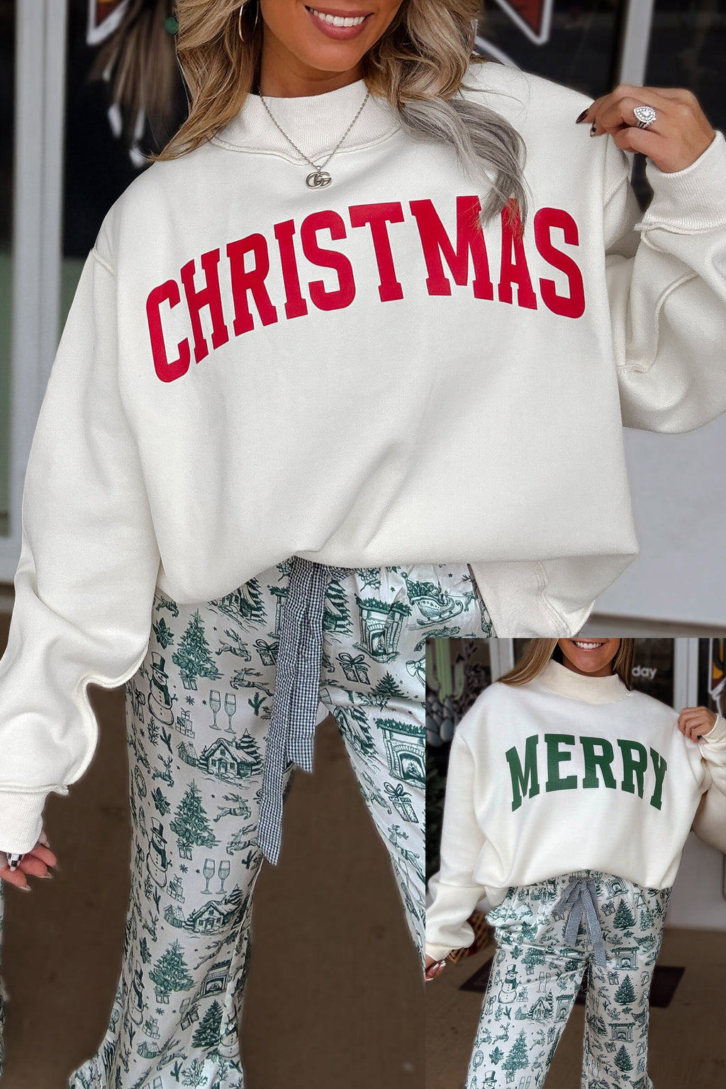White MERRY/CHRISTMAS Reversible Print Mock Neck Baggy Pullover Sweatshirt PREORDER ETA 3 WEEKS