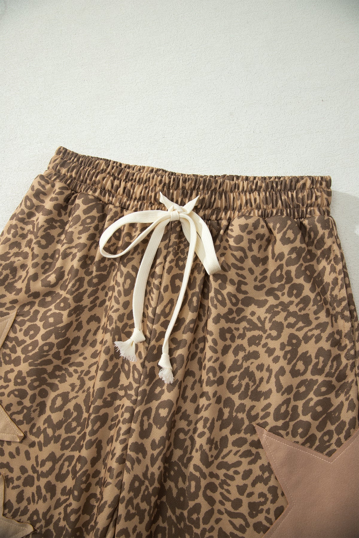 Khaki Leopard Print Star Patched Drawstring Elastic Waist Jogger Pants PREORDER ETA 3 WEEKS