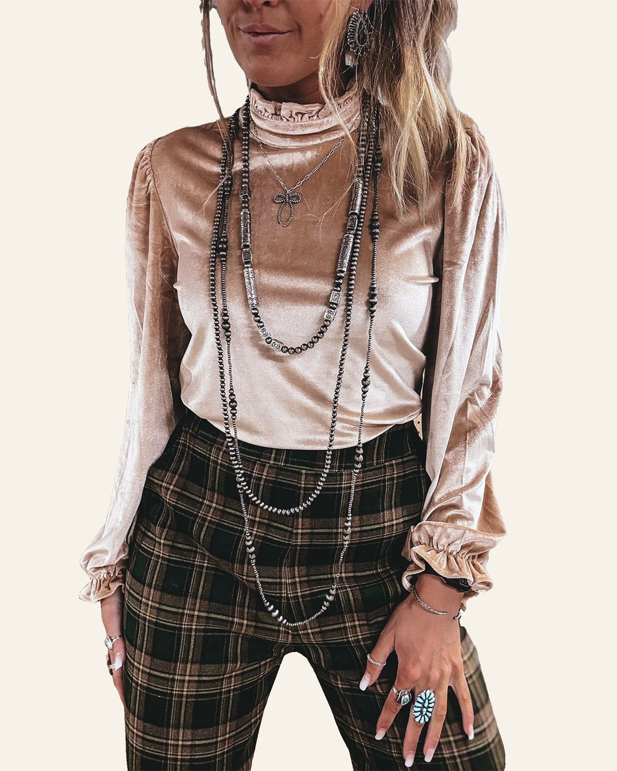 Smoke Gray Western Style Long Sleeve Stand Neck Velvet Top PREORDER ETA 3 WEEKS