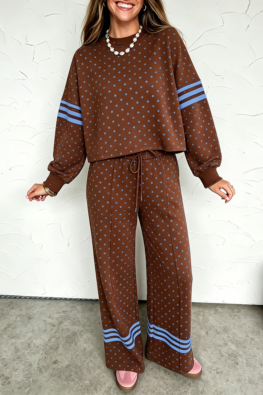 Brown Polka Dot Print Colorblock Stripes Detail Relaxed 2pcs Pant Set PREORDER ETA 3 WEEKS