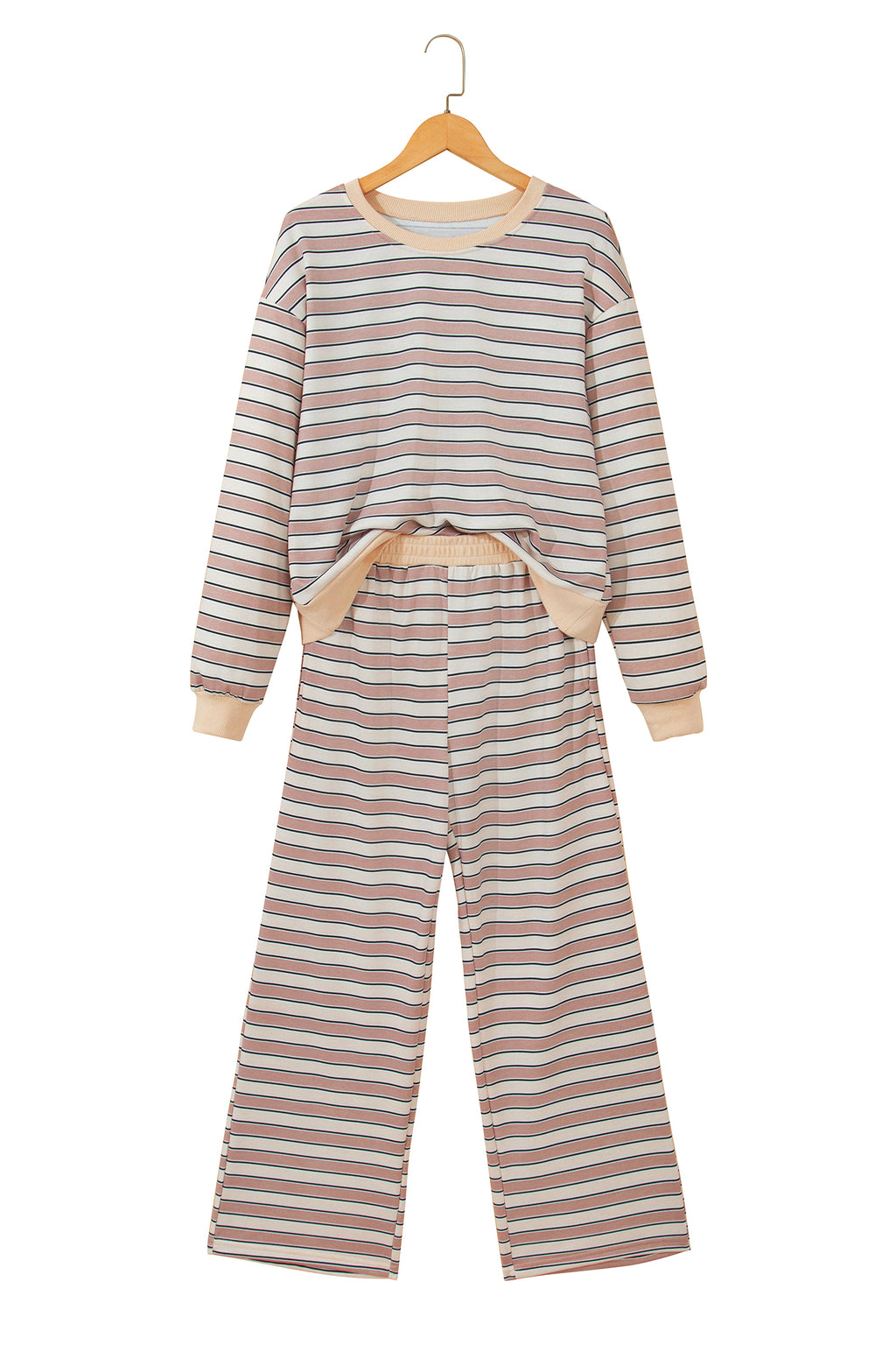 Khaki Stripe Contrast Trim Long Sleeve Top Elastic Waist Pants Set PREORDER ETA 3 WEEKS