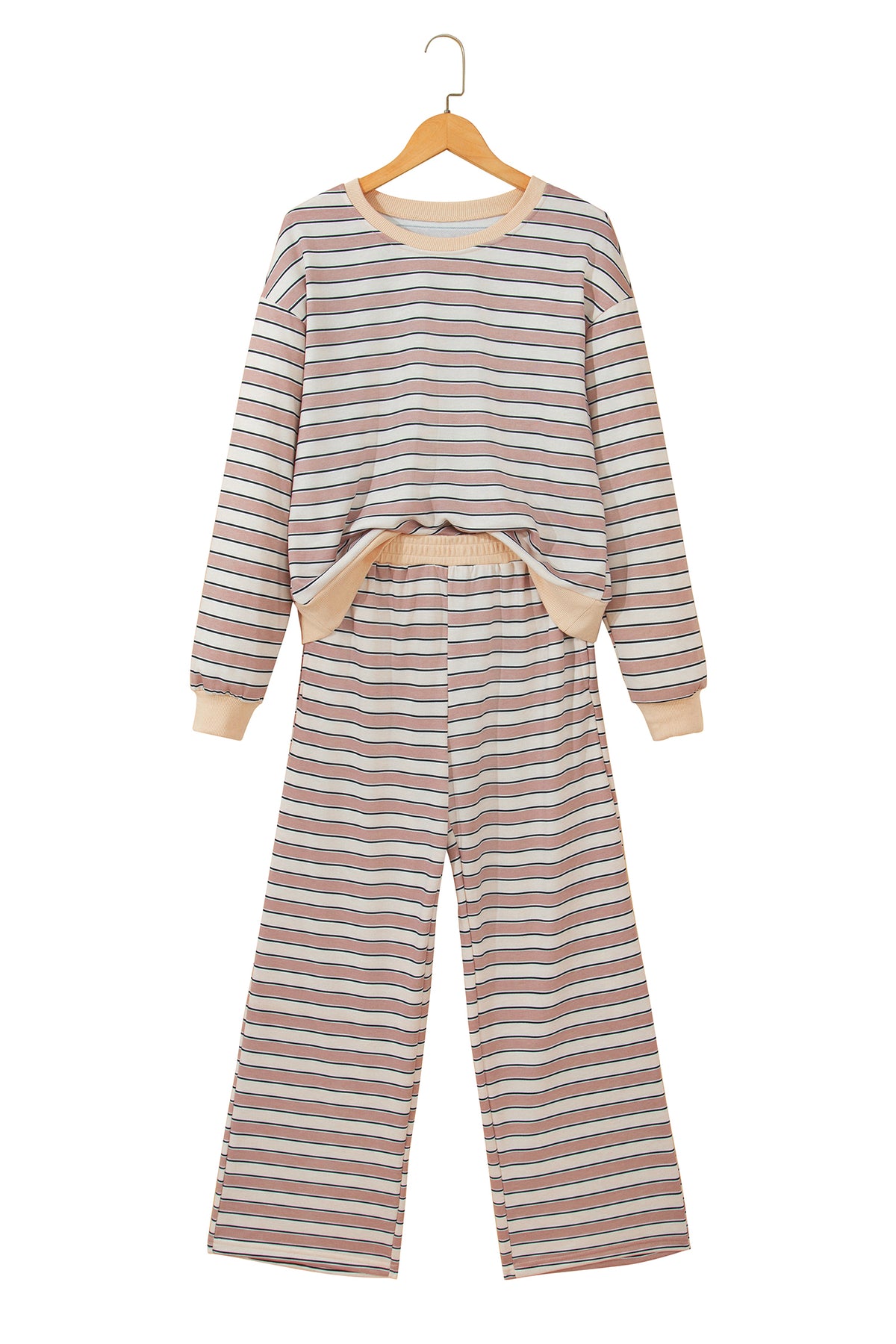 Khaki Stripe Contrast Trim Long Sleeve Top Elastic Waist Pants Set PREORDER ETA 3 WEEKS