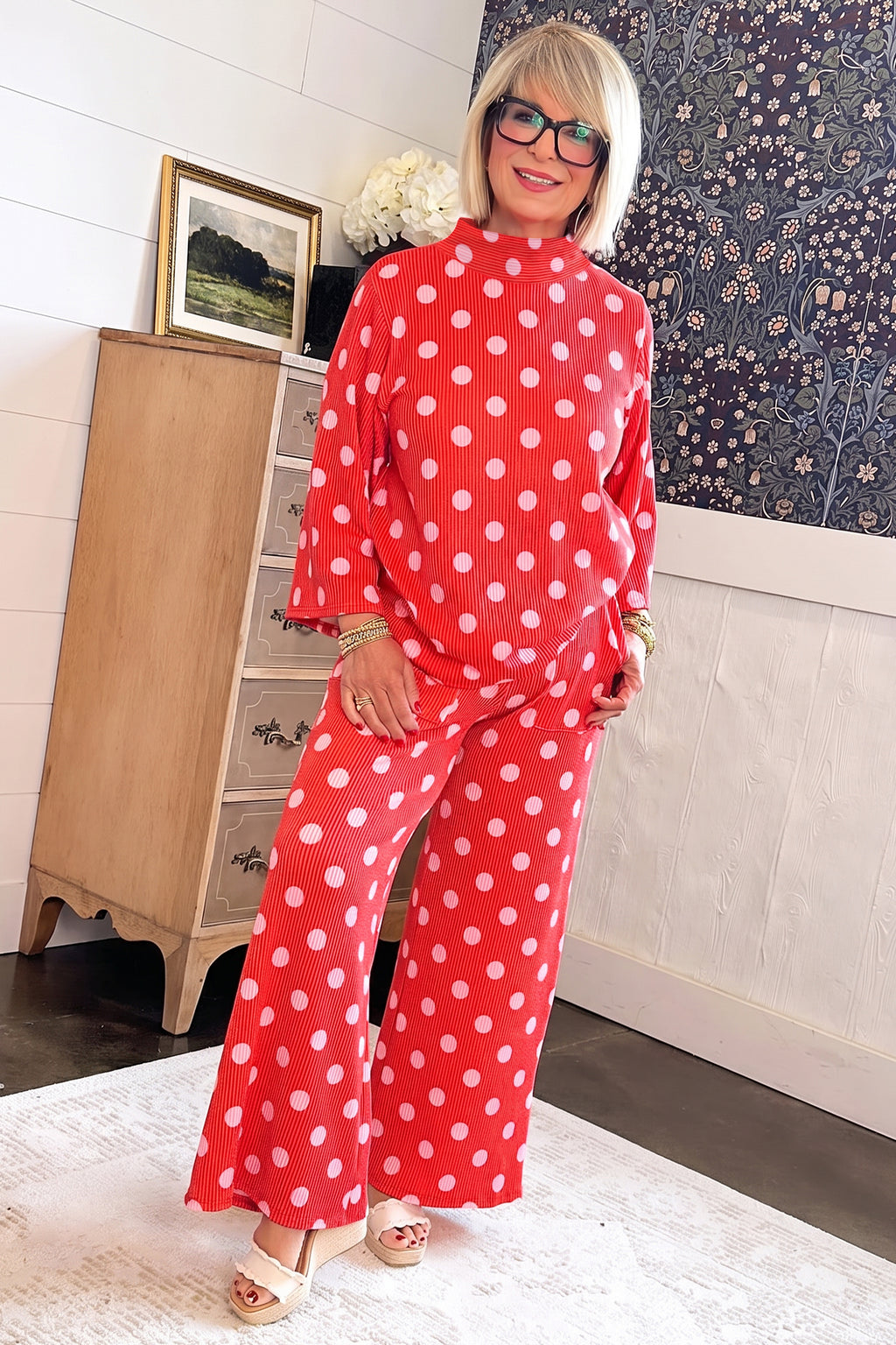 Red Polka Dot Ribbed Knit Mock Neck Pullover Two Piece Pants Set PREORDER ETA 3 WEEKS