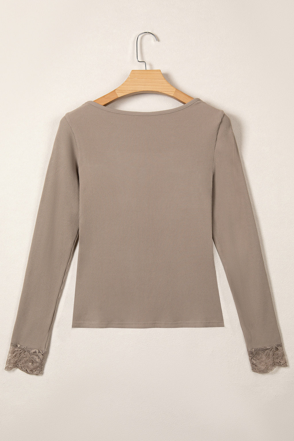 DUNE Solid Color Ribbed Lace Neck Long Sleeve Top