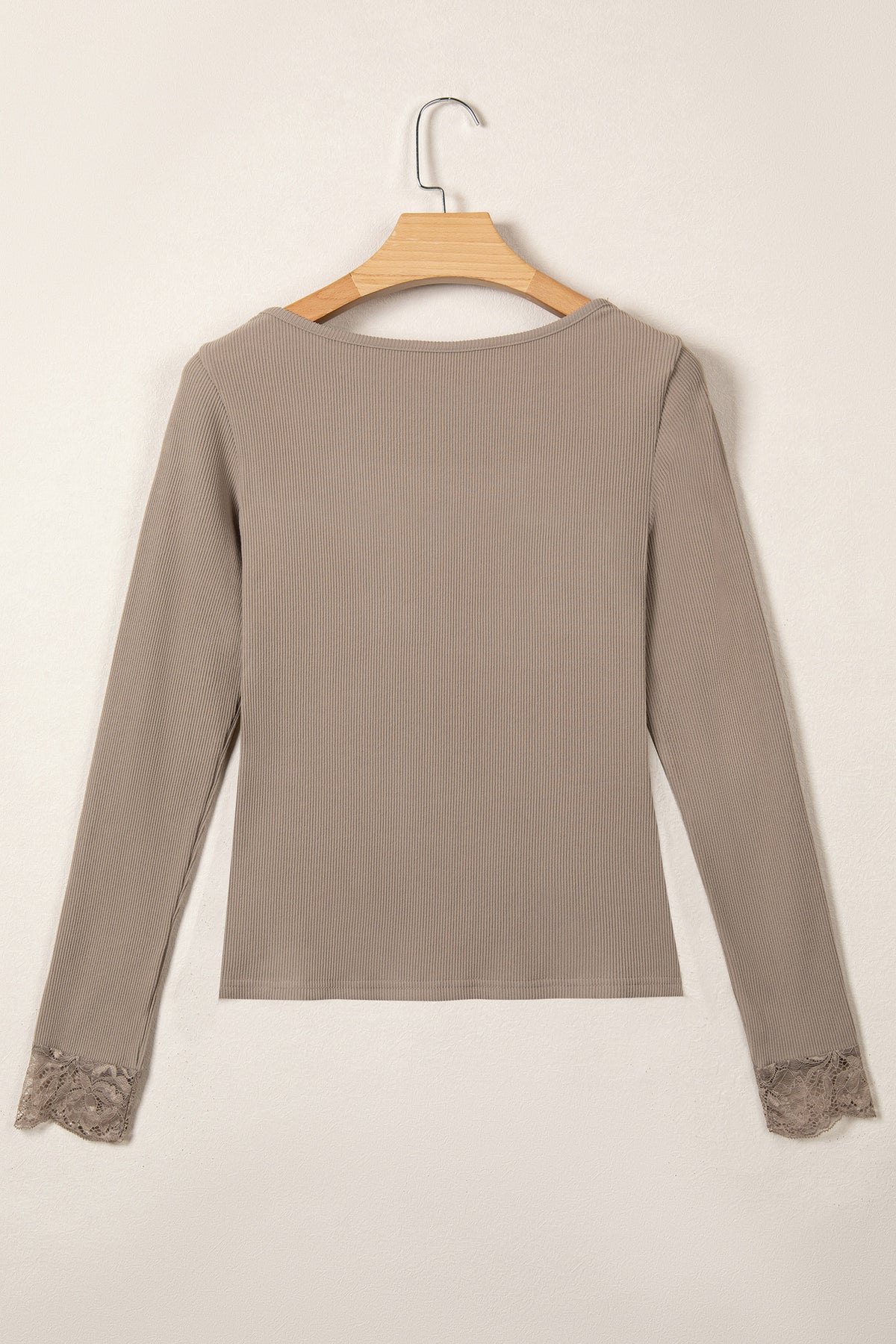 DUNE Solid Color Ribbed Lace Neck Long Sleeve Top