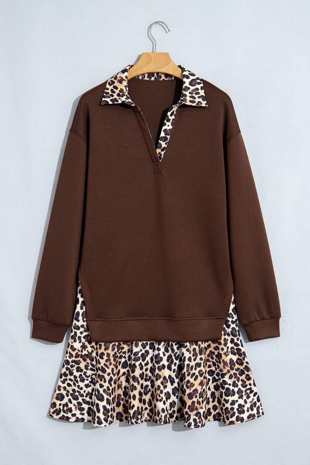 Coffee Leopard Patchwork Collar Long Sleeve Dress PREORDER ETA 3 WEEKS