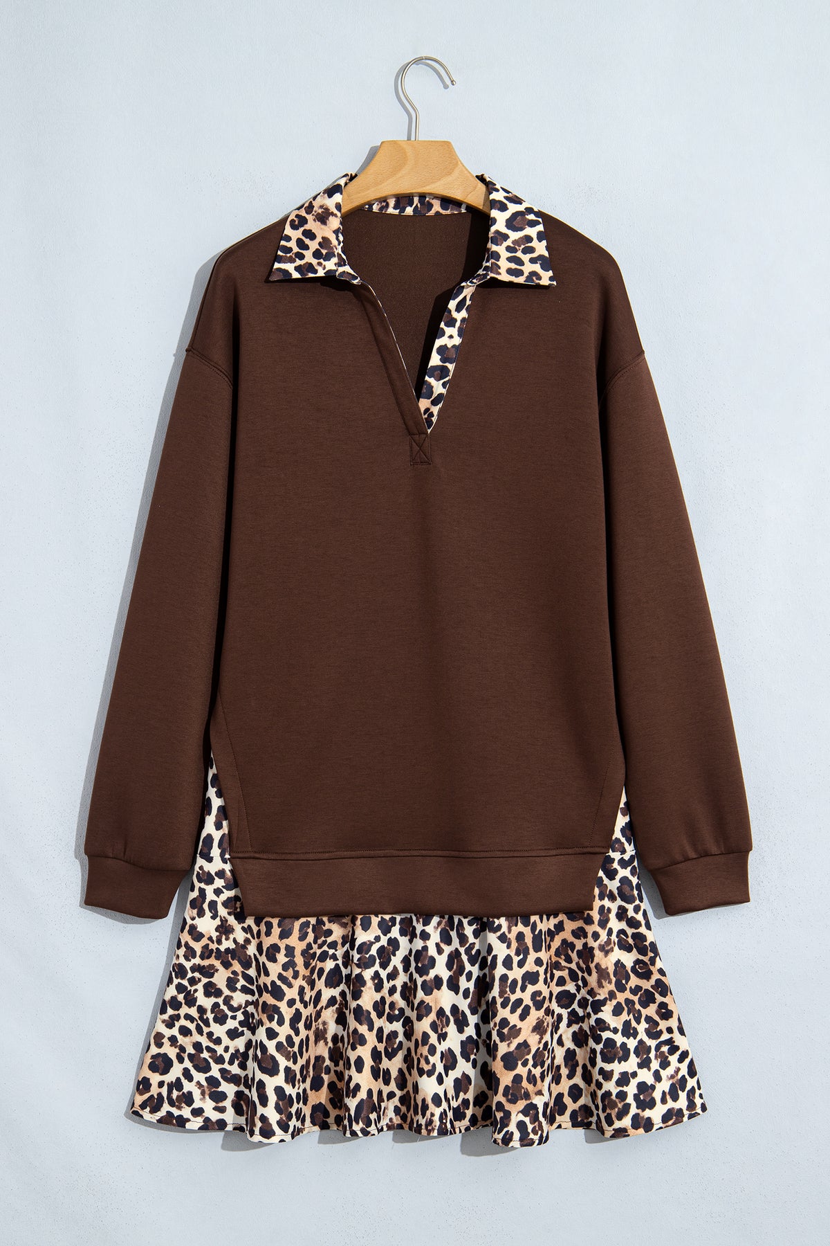 Coffee Leopard Patchwork Collar Long Sleeve Dress PREORDER ETA 3 WEEKS