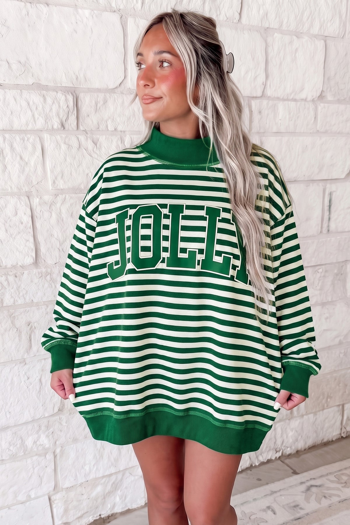 Green Stripe Christmas Slogan Embroidery Patched Mock Neck Oversized Sweatshirt PREORDER ETA 3 WEEKS