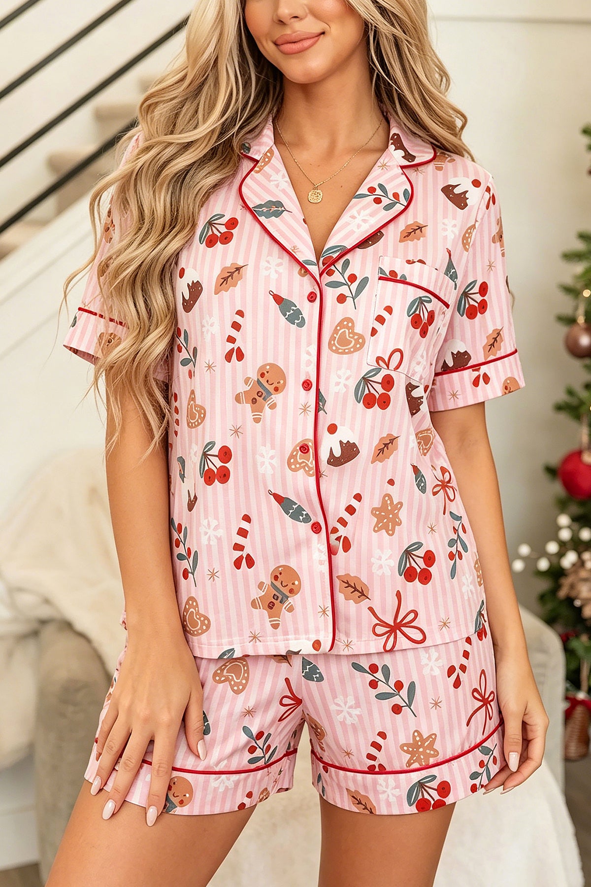Pink Abstract Christmas Print Short Sleeve Two Piece Lounge Set PREORDER ETA 3 WEEKS