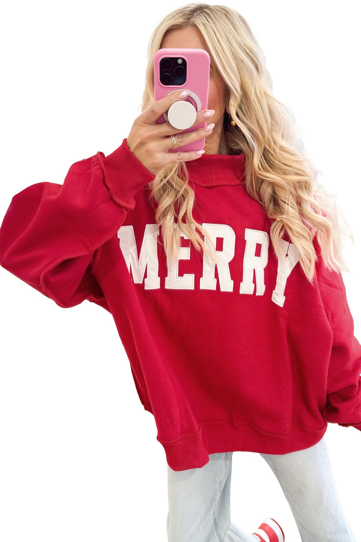 Fiery Red MERRY Embroidered Letter High Neck Tunic Pullover Sweatshirt PREORDER ETA 3 WEEKS