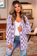 Purple Checkered Open Front Drop Shoulder Cardigan PREORDER ETA 3 WEEKS