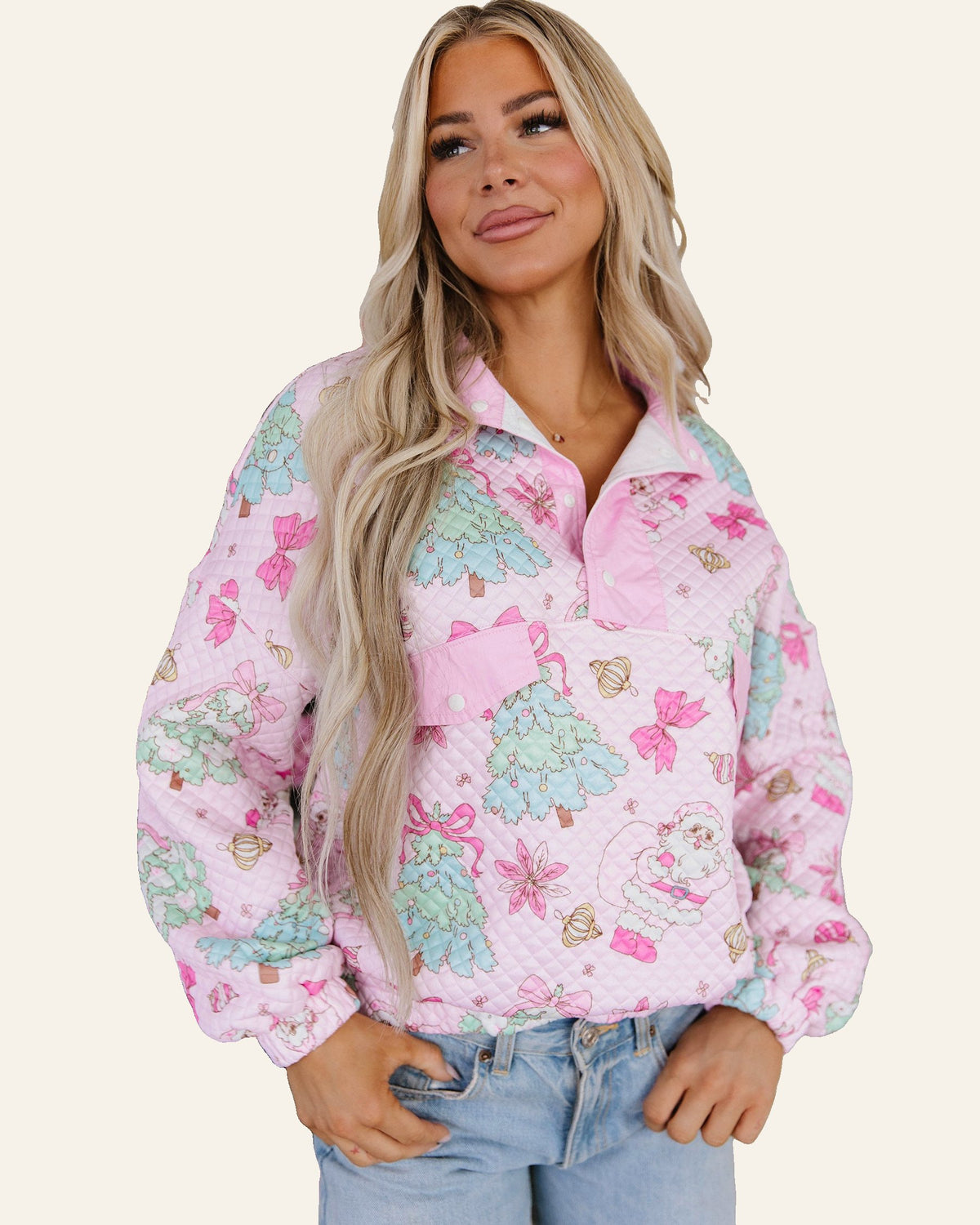 Pink Cute Christmas Print Collar Half Button Loose Sweatshirt PREORDER ETA 3 WEEKS