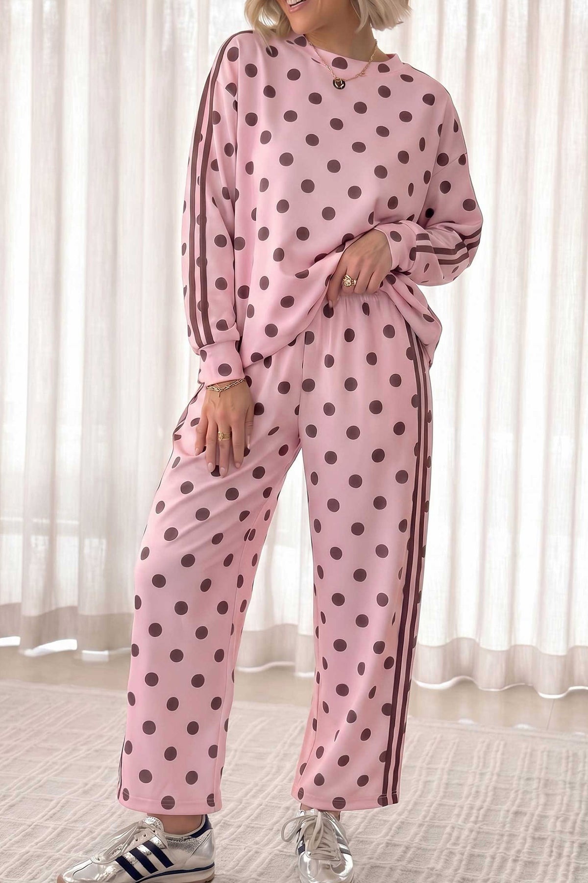 Pink Polka Dot Print Side Stripe Detail Long Sleeve Top Casual Pant Set PREORDER ETA 3 WEEKS
