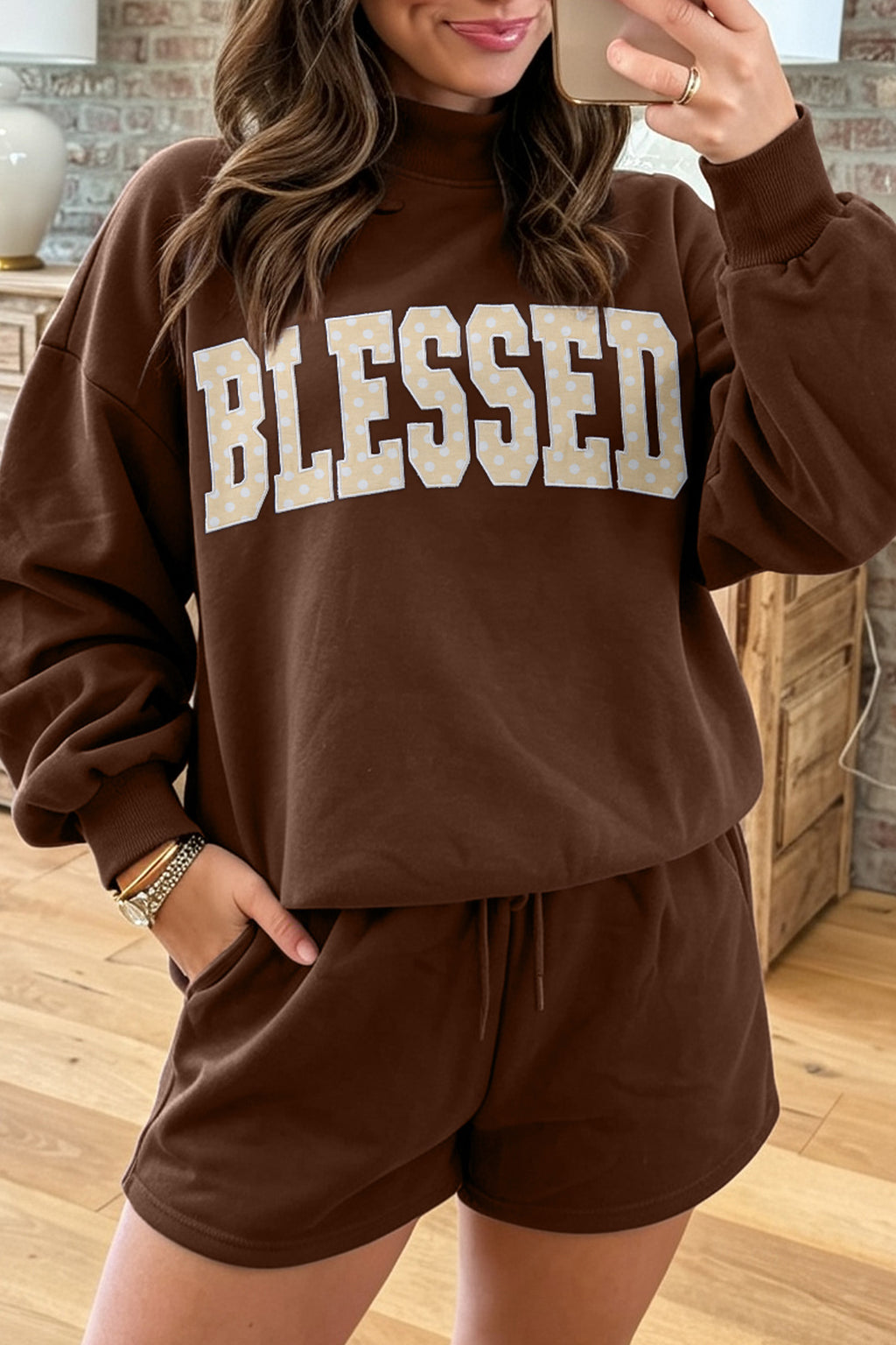 Coffee Christian Slogan Print Mock Neck Pullover and Shorts Set PREORDER ETA 3 WEEKS