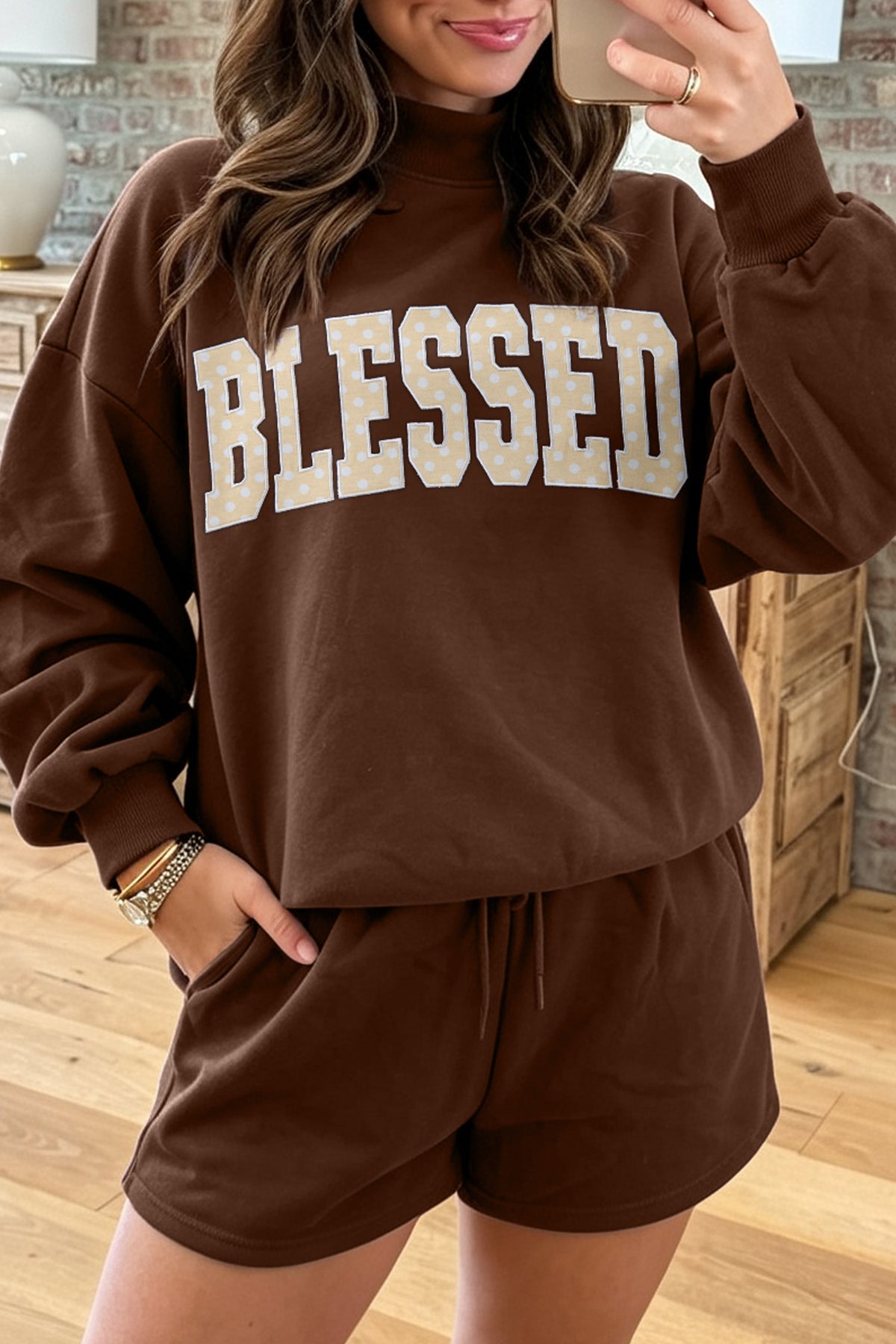 Coffee Christian Slogan Print Mock Neck Pullover and Shorts Set PREORDER ETA 3 WEEKS