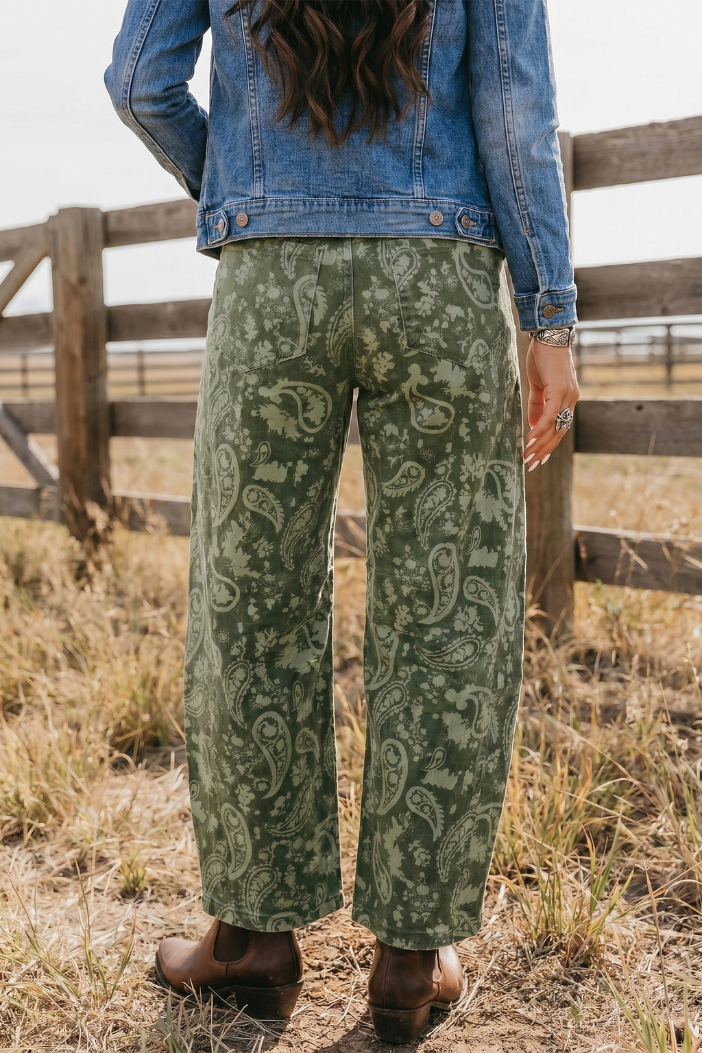 Green Paisley Print Harem Denim Pants PREORDER ETA 3 WEEKS