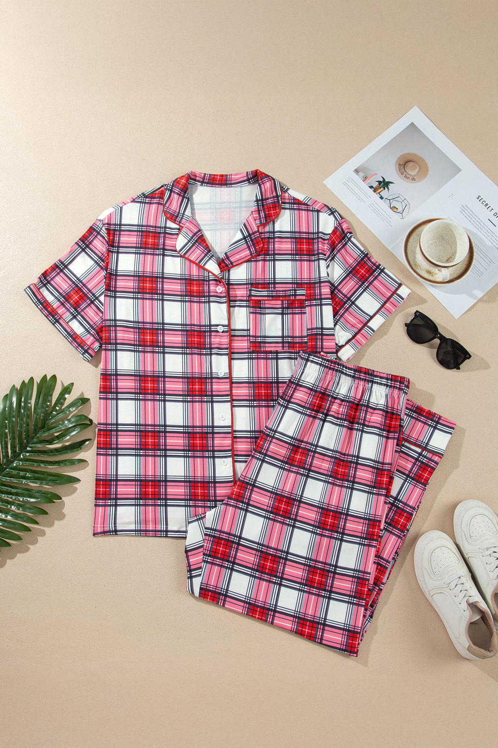 Red Plus Size Short Sleeve Button Down Plaid Pajama 2pcs Pant Set PREORDER ETA 3 WEEKS