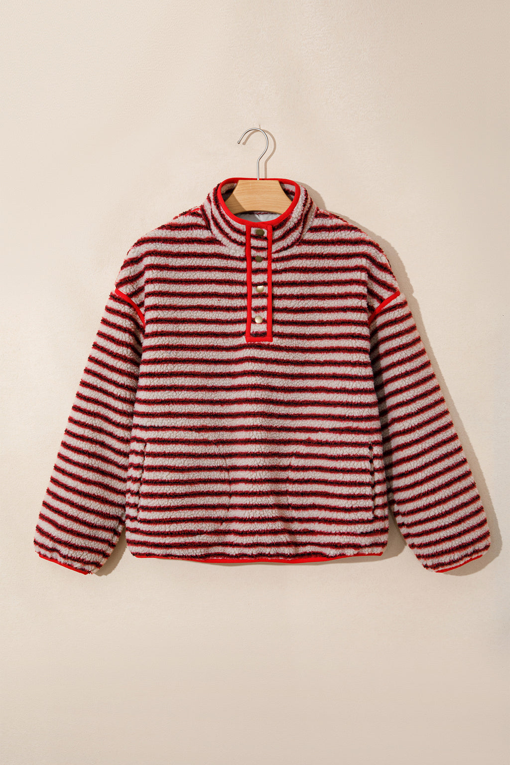 Red Striped Fuzzy Colorblock Button Placket Sweatshirt PREORDER ETA 3 WEEKS