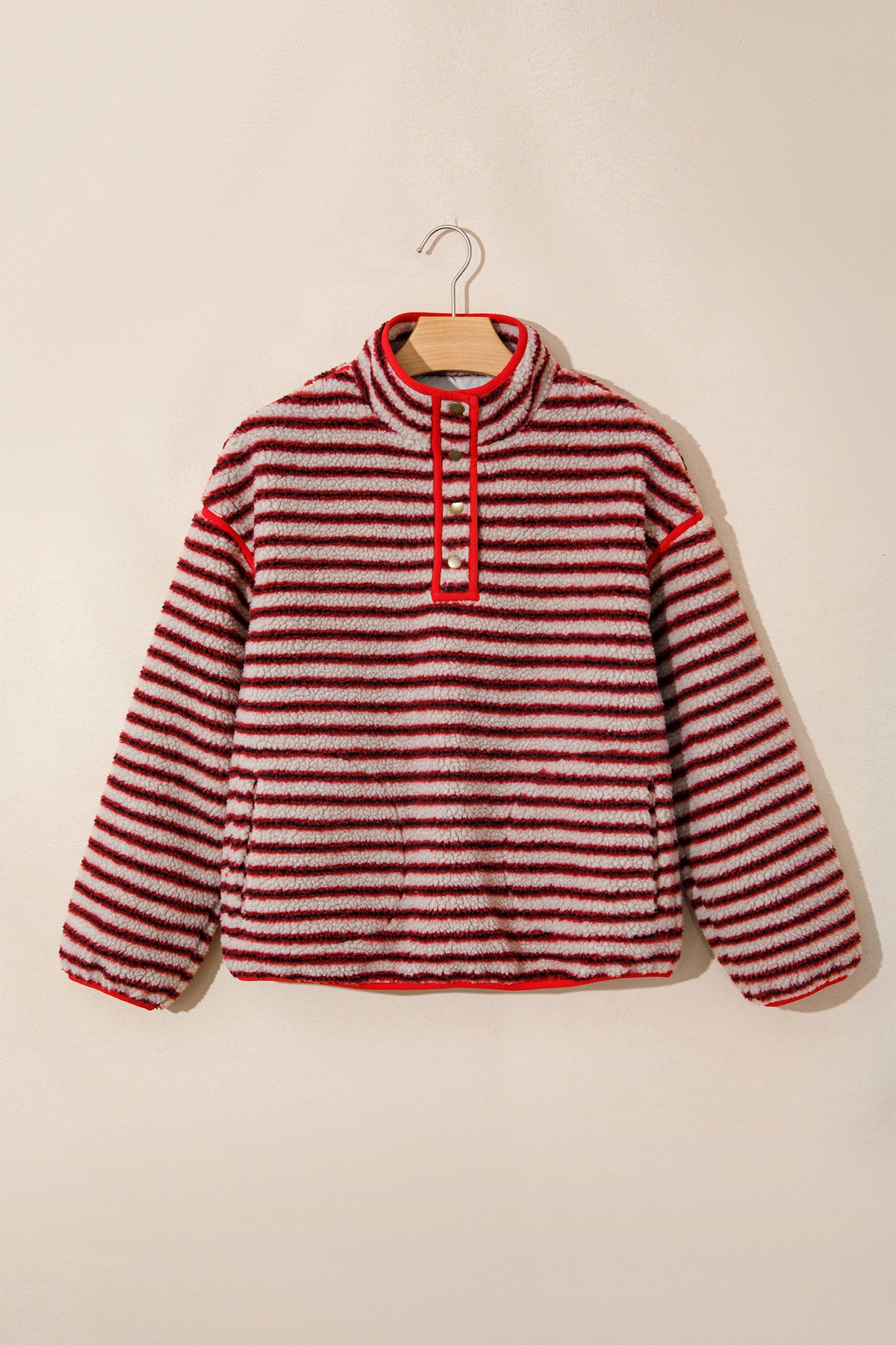 Red Striped Fuzzy Colorblock Button Placket Sweatshirt PREORDER ETA 3 WEEKS