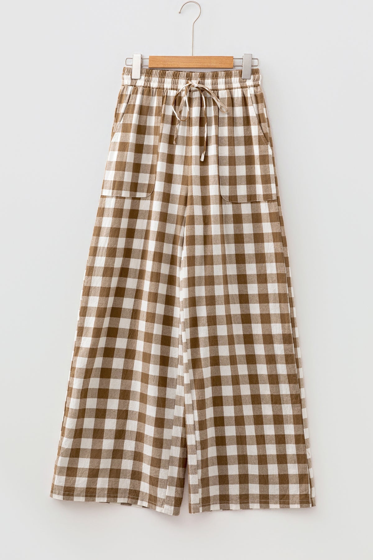 Brown Gingham Plaid Tie Elastic Waist Shift Pants PREORDER ETA 3 WEEKS