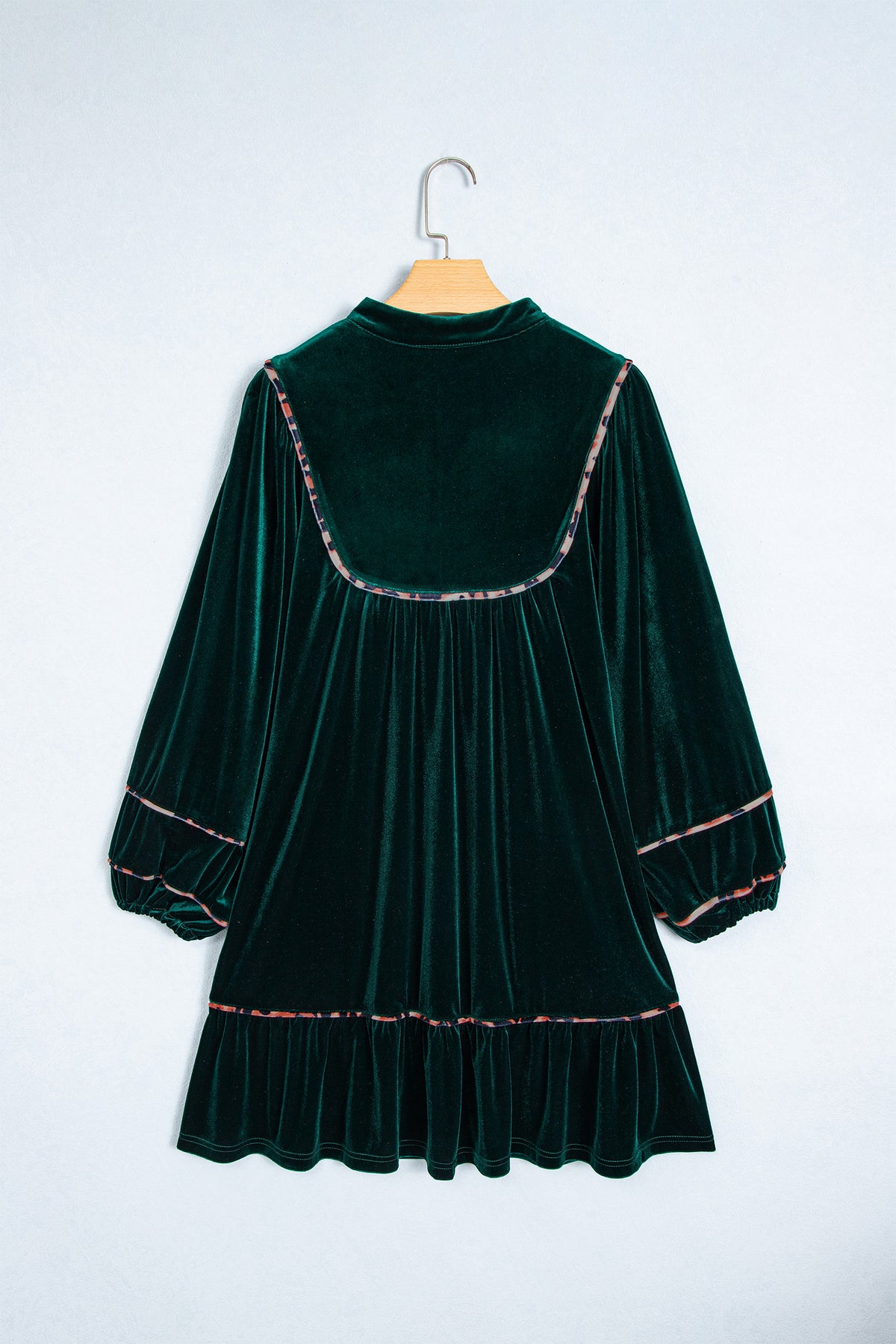 Blackish Green Leopard Trim Velvet Long Sleeve Shift Dress PREORDER ETA 3 WEEKS