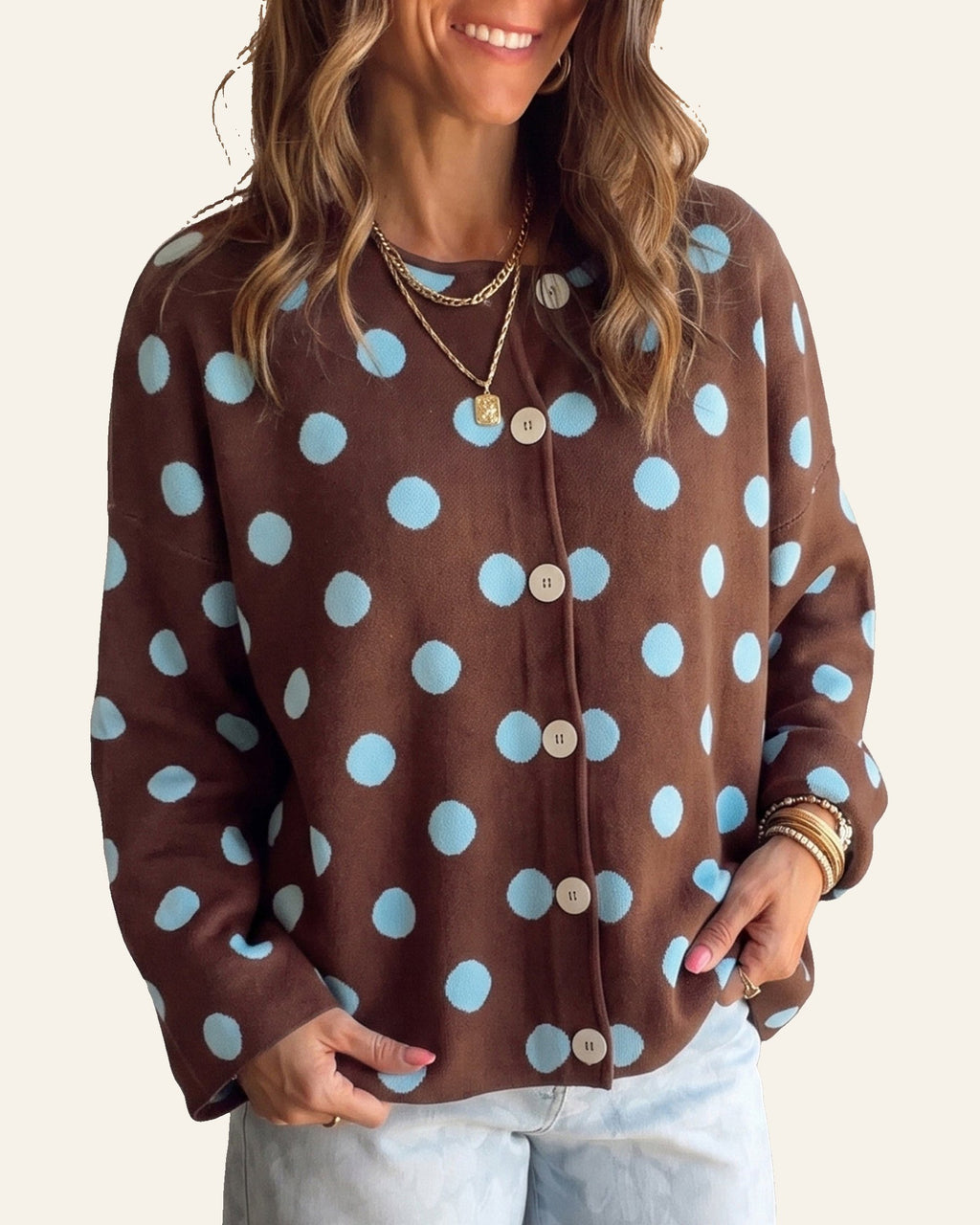 Brown Polka Dot Button Down Dropped Shoulder Shift Cardigan PREORDER ETA 3 WEEKS