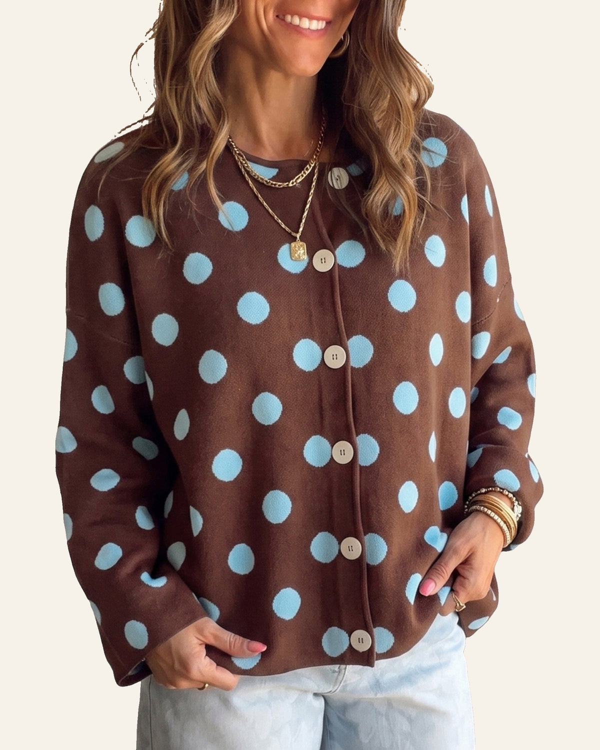 Brown Polka Dot Button Down Dropped Shoulder Shift Cardigan PREORDER ETA 3 WEEKS