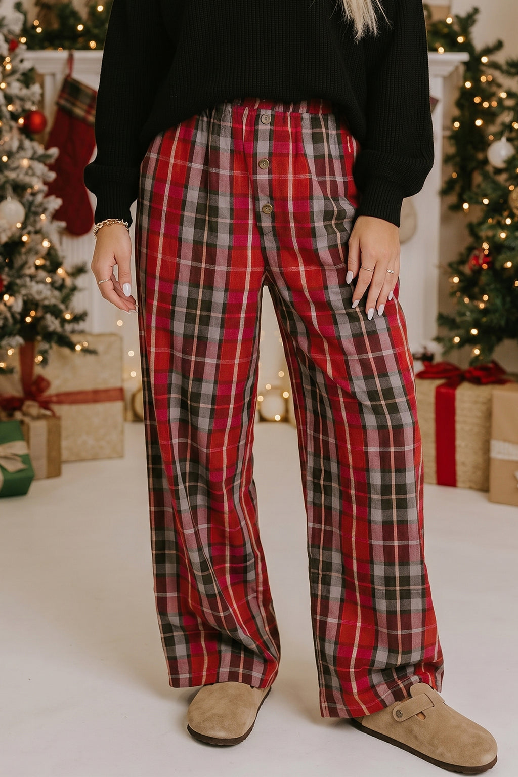 Red Plaid Elastic Waist Pocket Regular Full-Length Pants PREORDER ETA 3 WEEKS