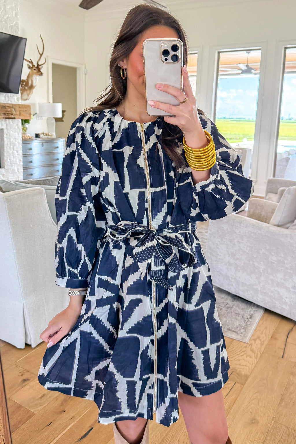 Blue Abstract Geometric Print Zip Front Tie Waist Shift Dress PREORDER ETA 3 WEEKS
