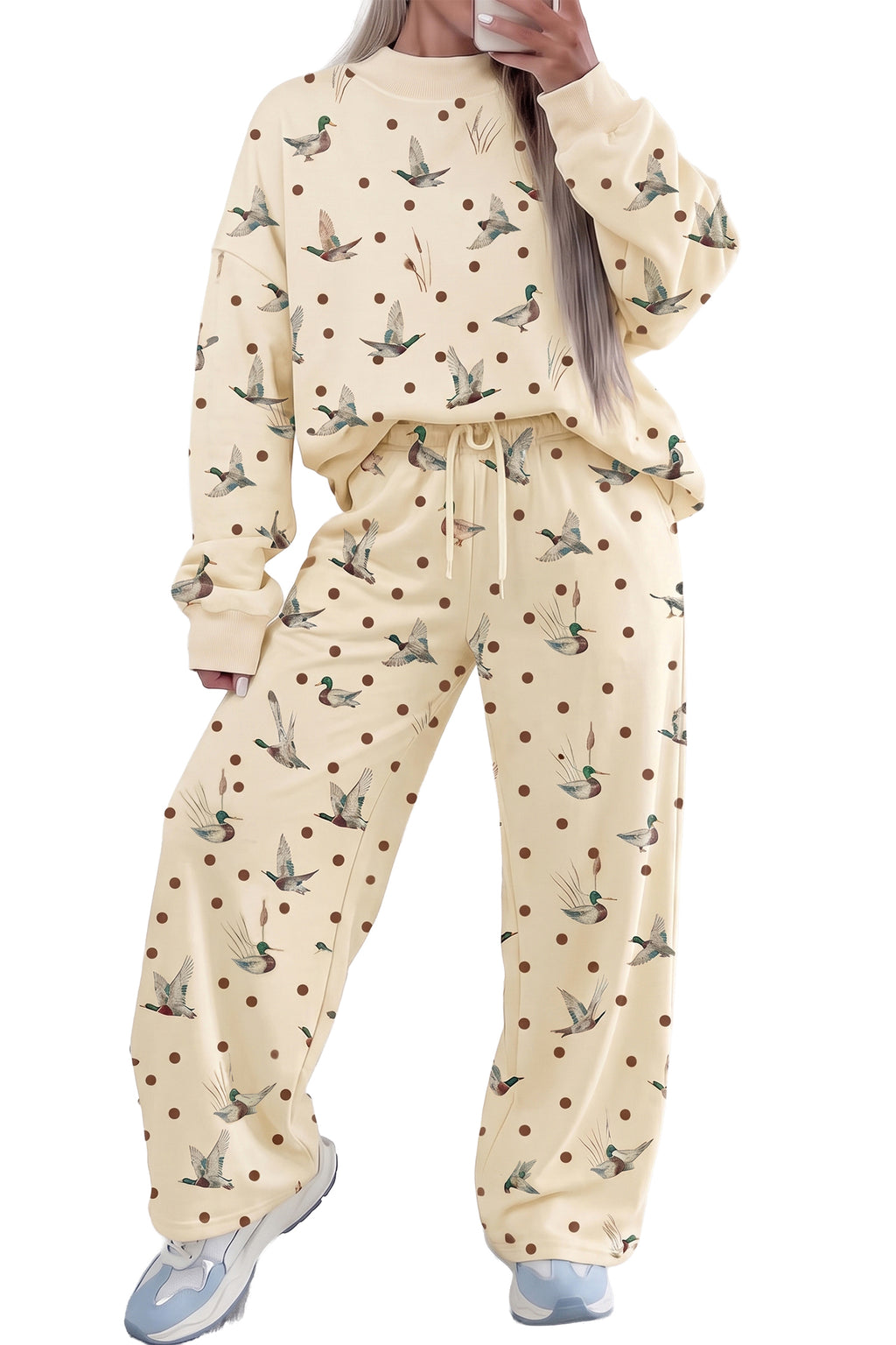Beige Polka Dot Mallard Print Crewneck Pullover Two Piece Pants Set PREORDER ETA 3 WEEKS