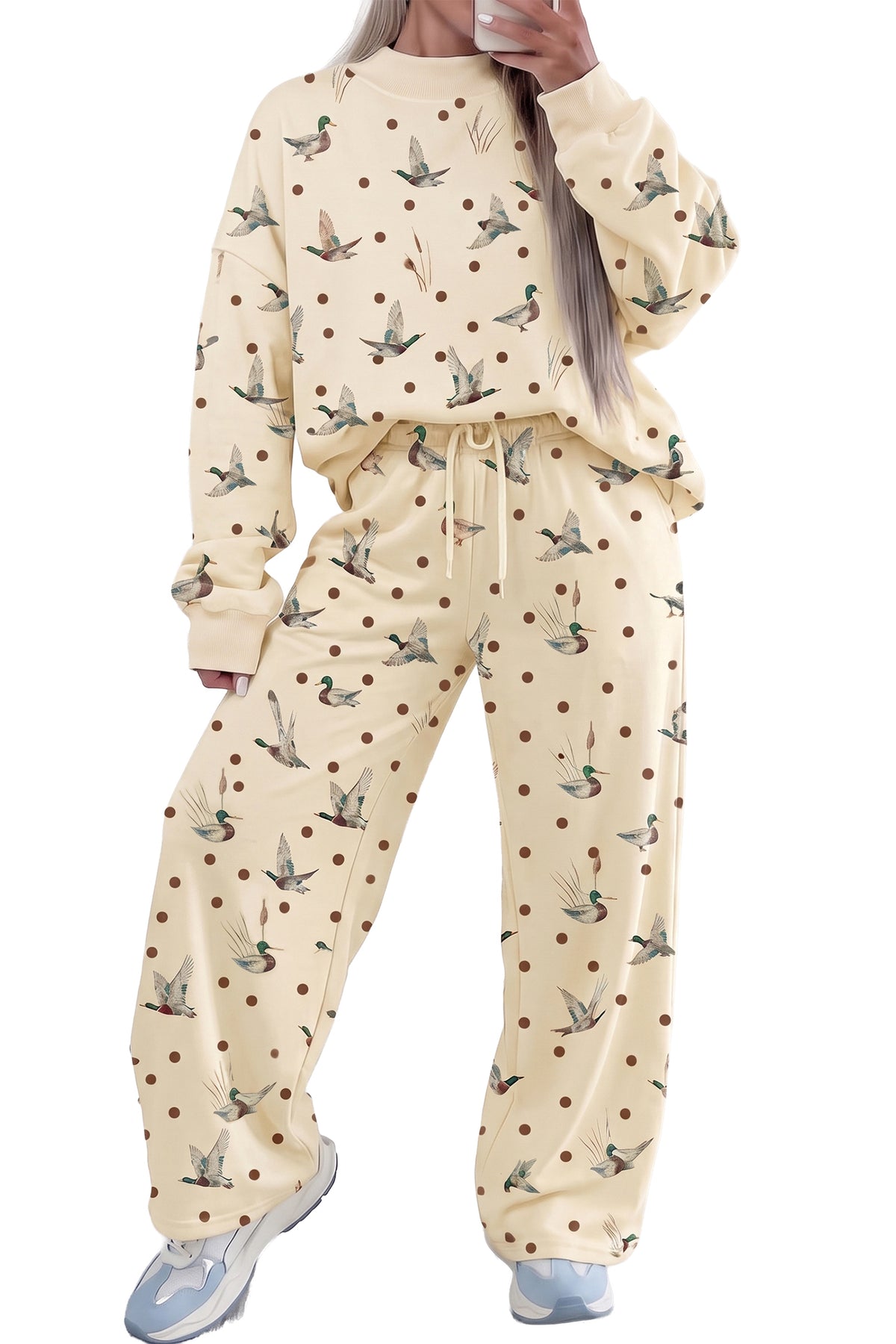 Beige Polka Dot Mallard Print Crewneck Pullover Two Piece Pants Set PREORDER ETA 3 WEEKS