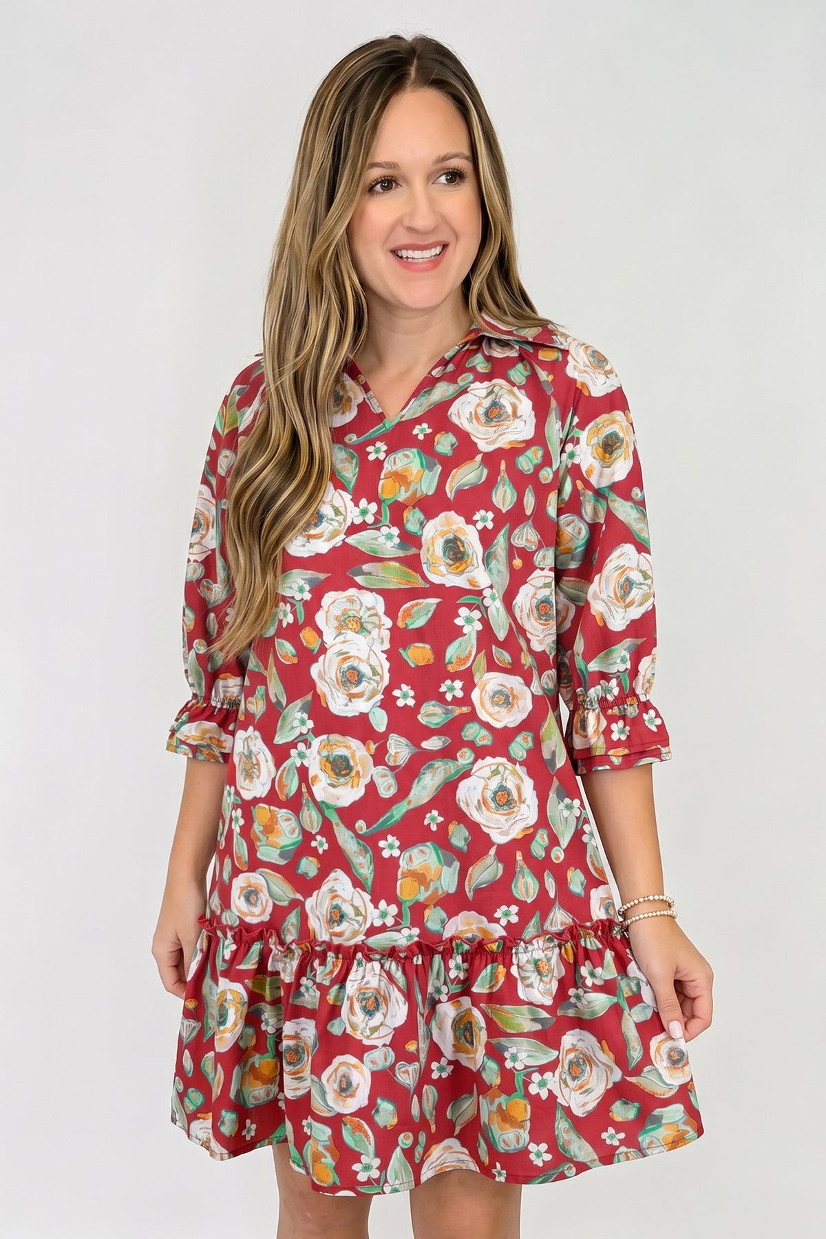 Red Floral Print Half Sleeve Short Shift Dress PREORDER ETA 3 WEEKS