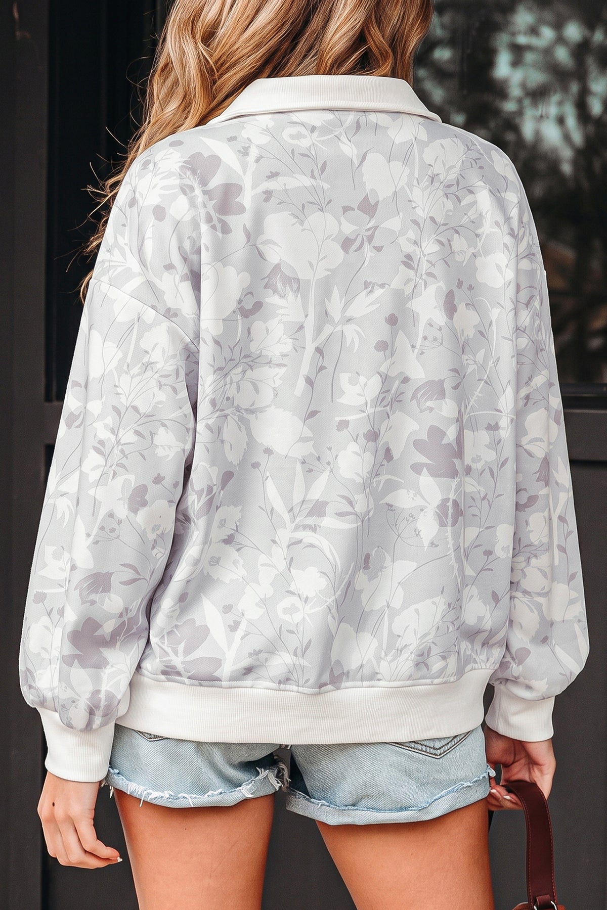Gray Floral Print Quarter Zip Stand Neck Long Sleeve Sweatshirt PREORDER ETA 3 WEEKS