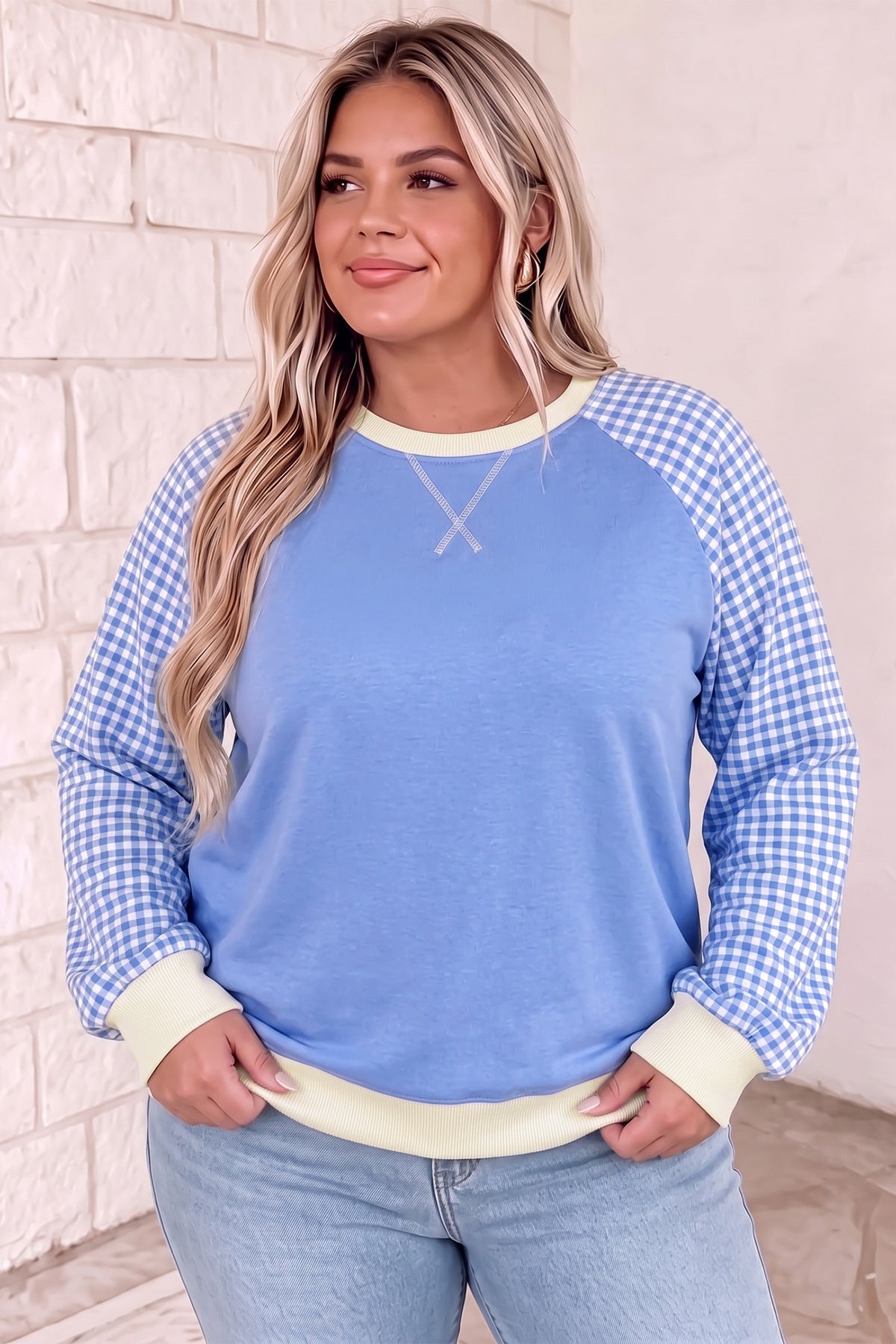 Light Blue Plaid Sleeve Ribbed Colorblock Trim Plus Size Sweatshirt PREORDER ETA 3 WEEKS