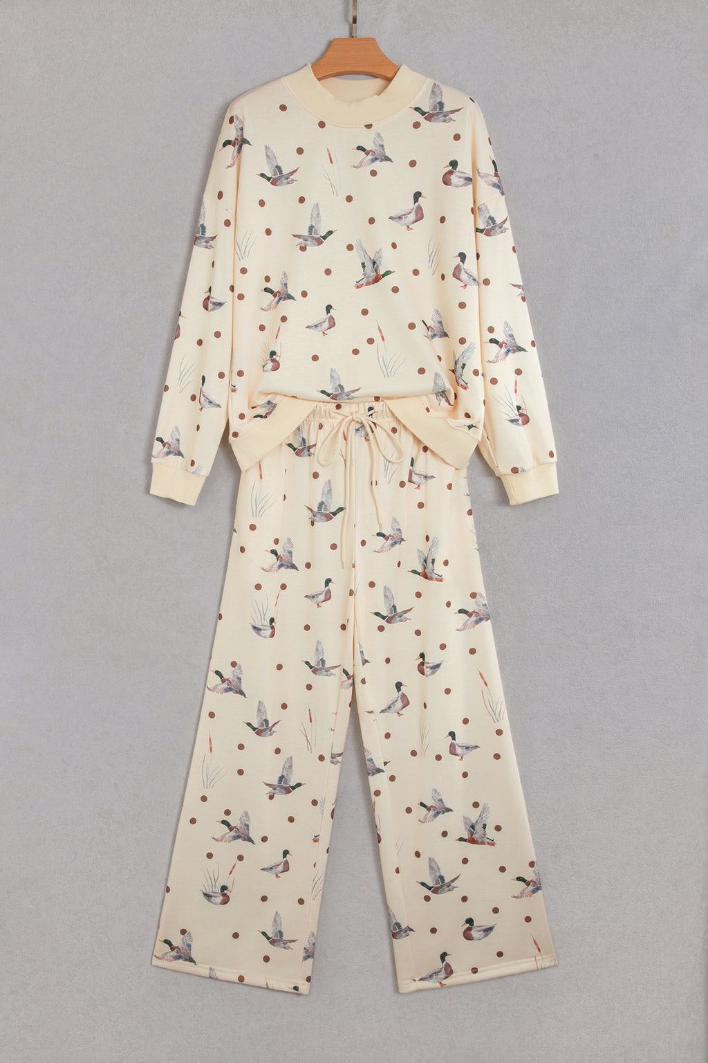 Beige Polka Dot Mallard Print Crewneck Pullover Two Piece Pants Set PREORDER ETA 3 WEEKS