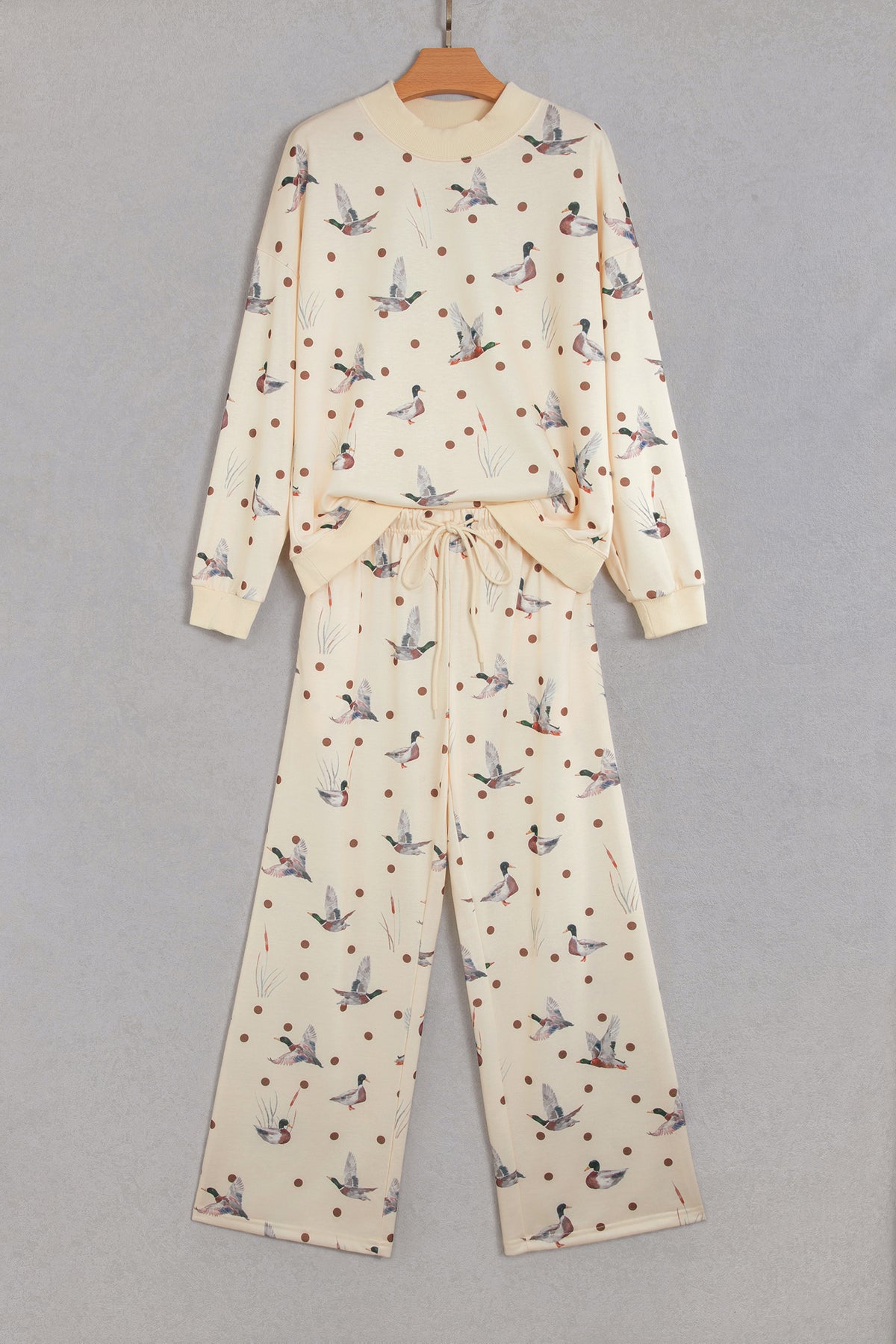 Beige Polka Dot Mallard Print Crewneck Pullover Two Piece Pants Set PREORDER ETA 3 WEEKS