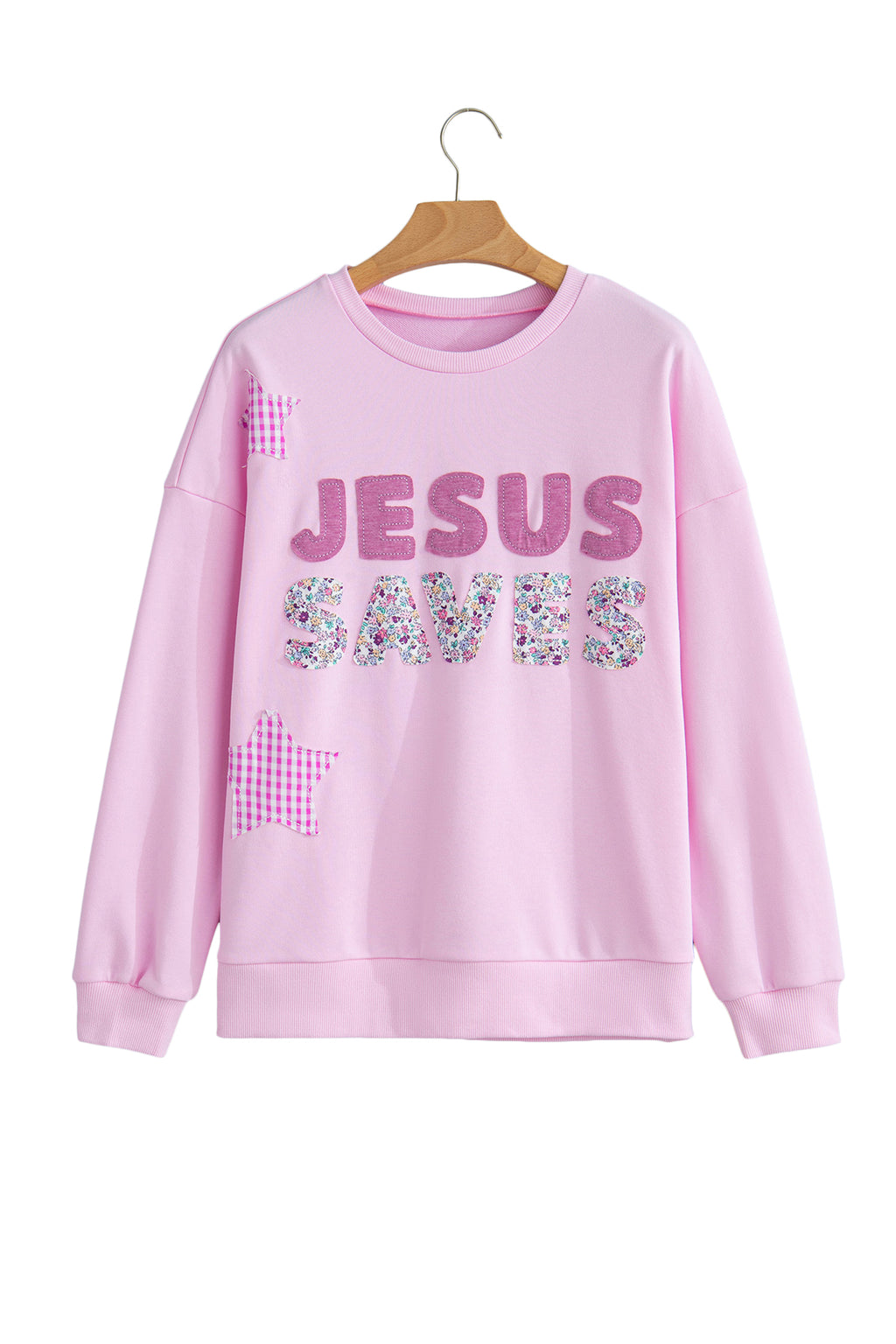Pink JESUS SAVES Gingham Star Patchwork Detail Plus Size Sweatshirt PREORDER ETA 3 WEEKS