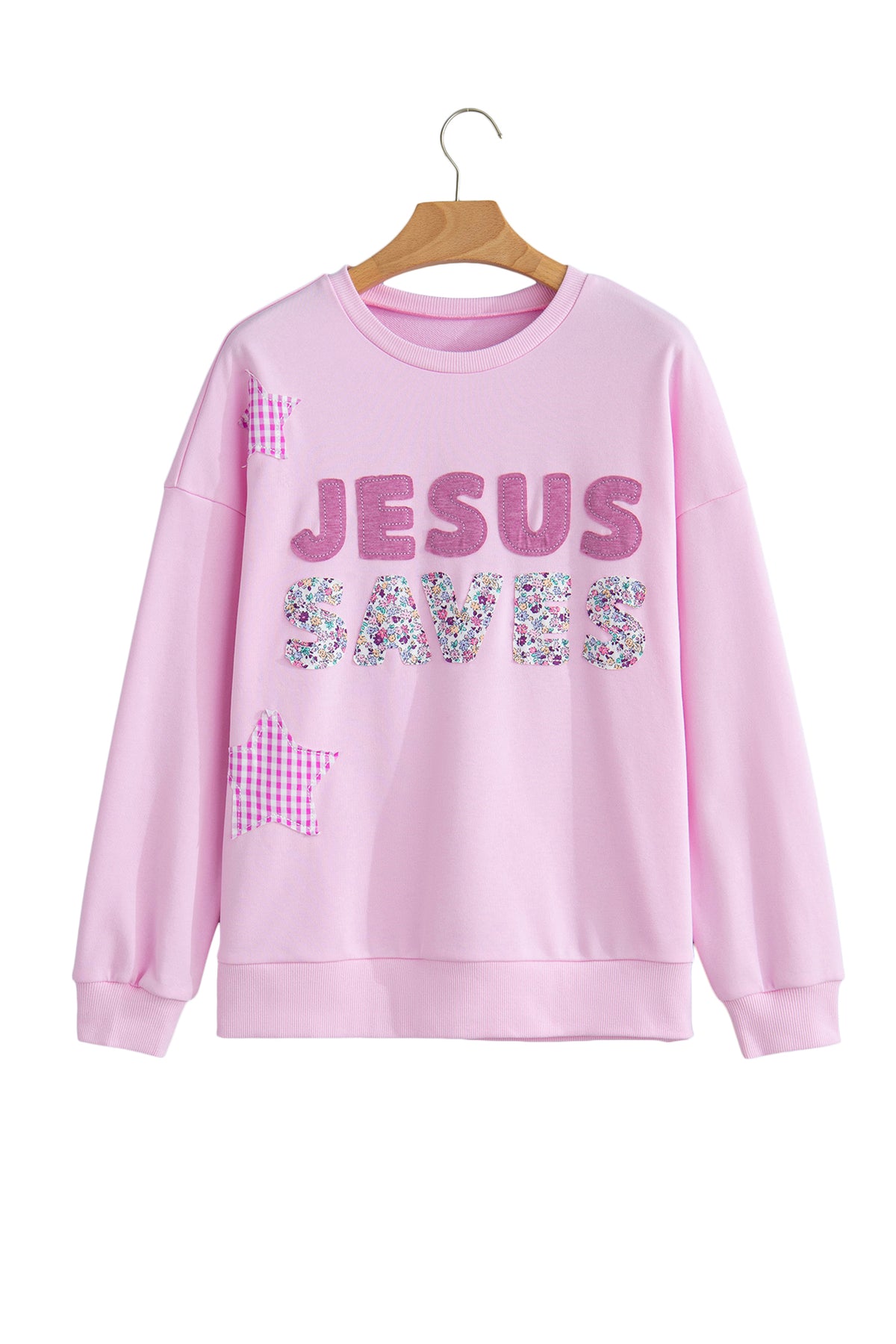 Pink JESUS SAVES Gingham Star Patchwork Detail Plus Size Sweatshirt PREORDER ETA 3 WEEKS