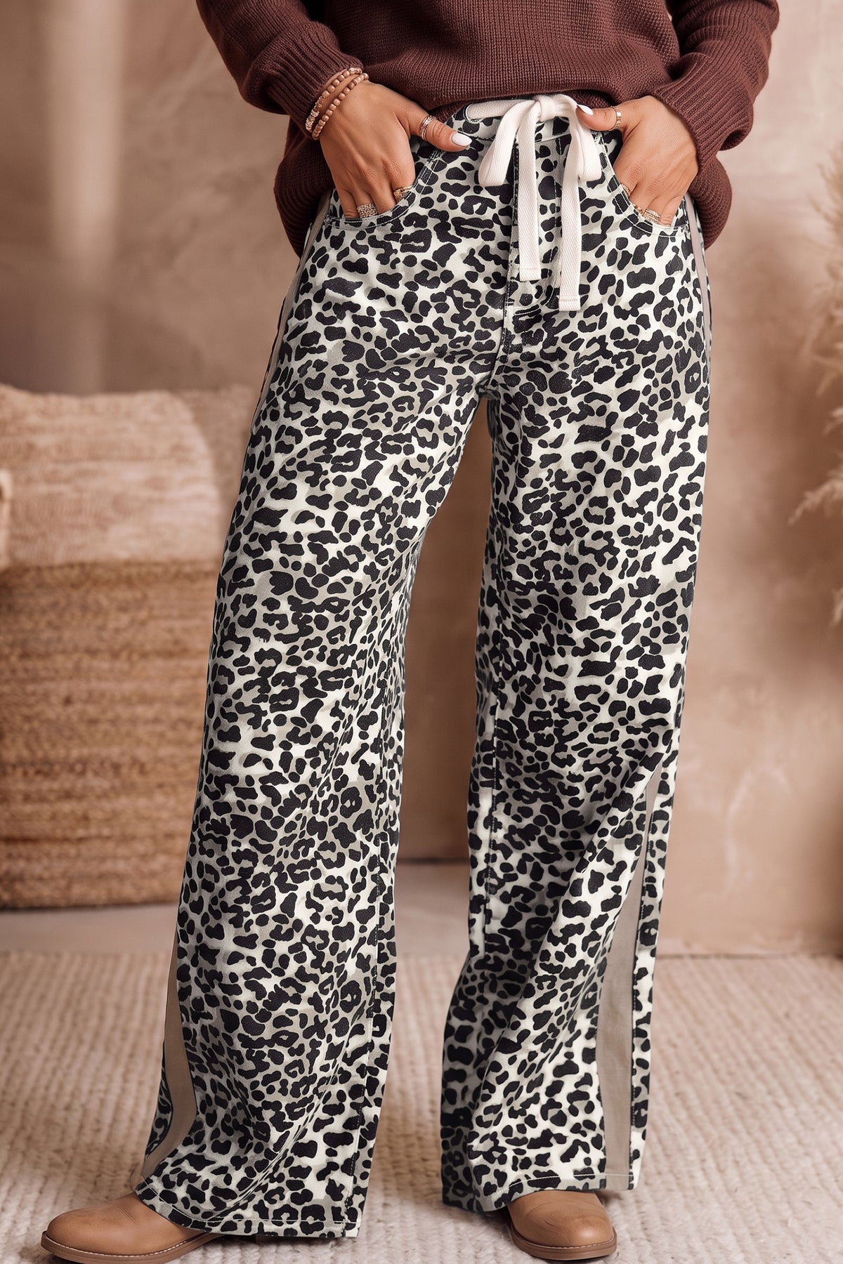 Khaki Leopard Print Drawstring Waist Straight Leg Jeans PREORDER ETA 3 WEEKS