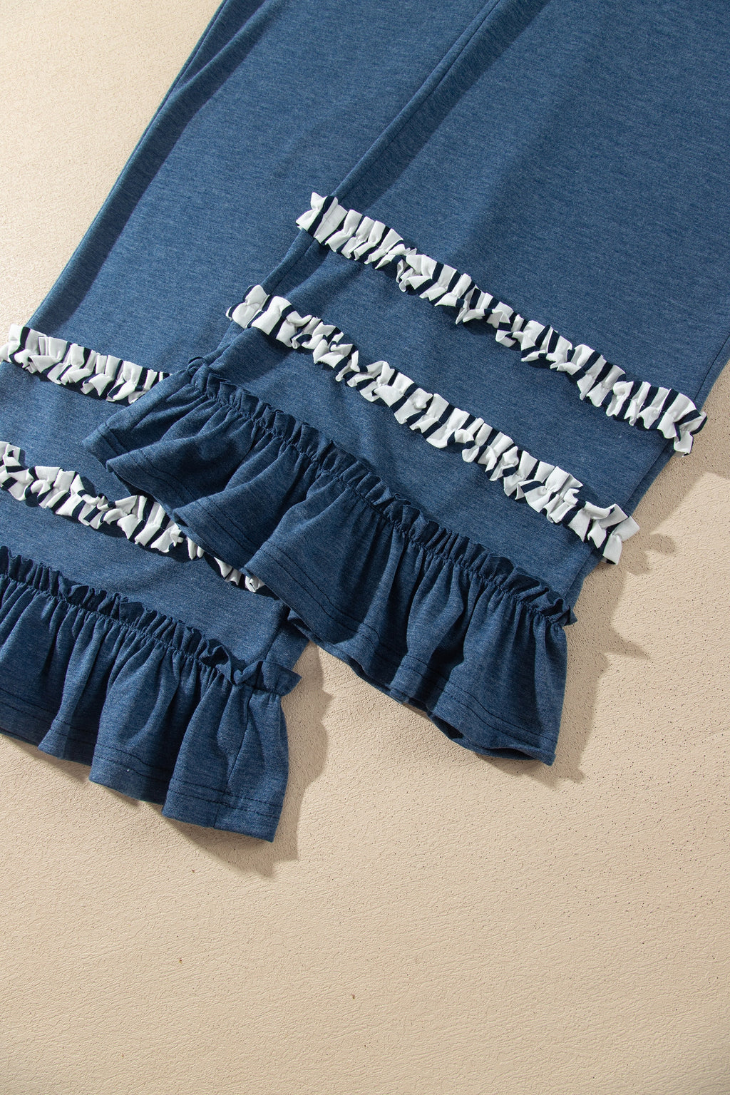 Blue Stripe V Neck Ruffle Contrast Sleeve Top Drawstring Pants 2pcs Set PREODER